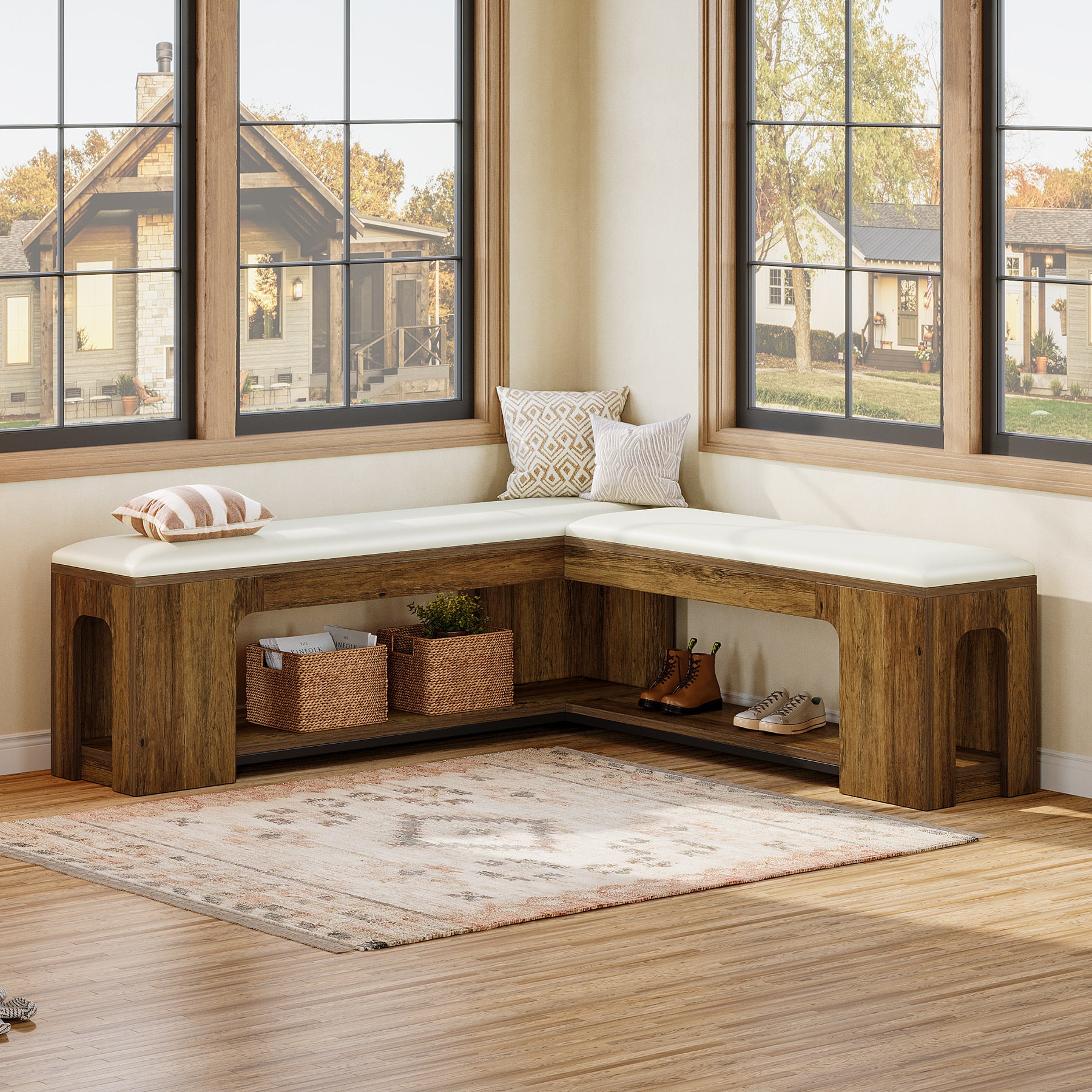 47.24-Inch L Shaped Corner Bench with Removable Seat Cushion and 2-Tier Storage, Farmhouse Breakfast Nook Bench