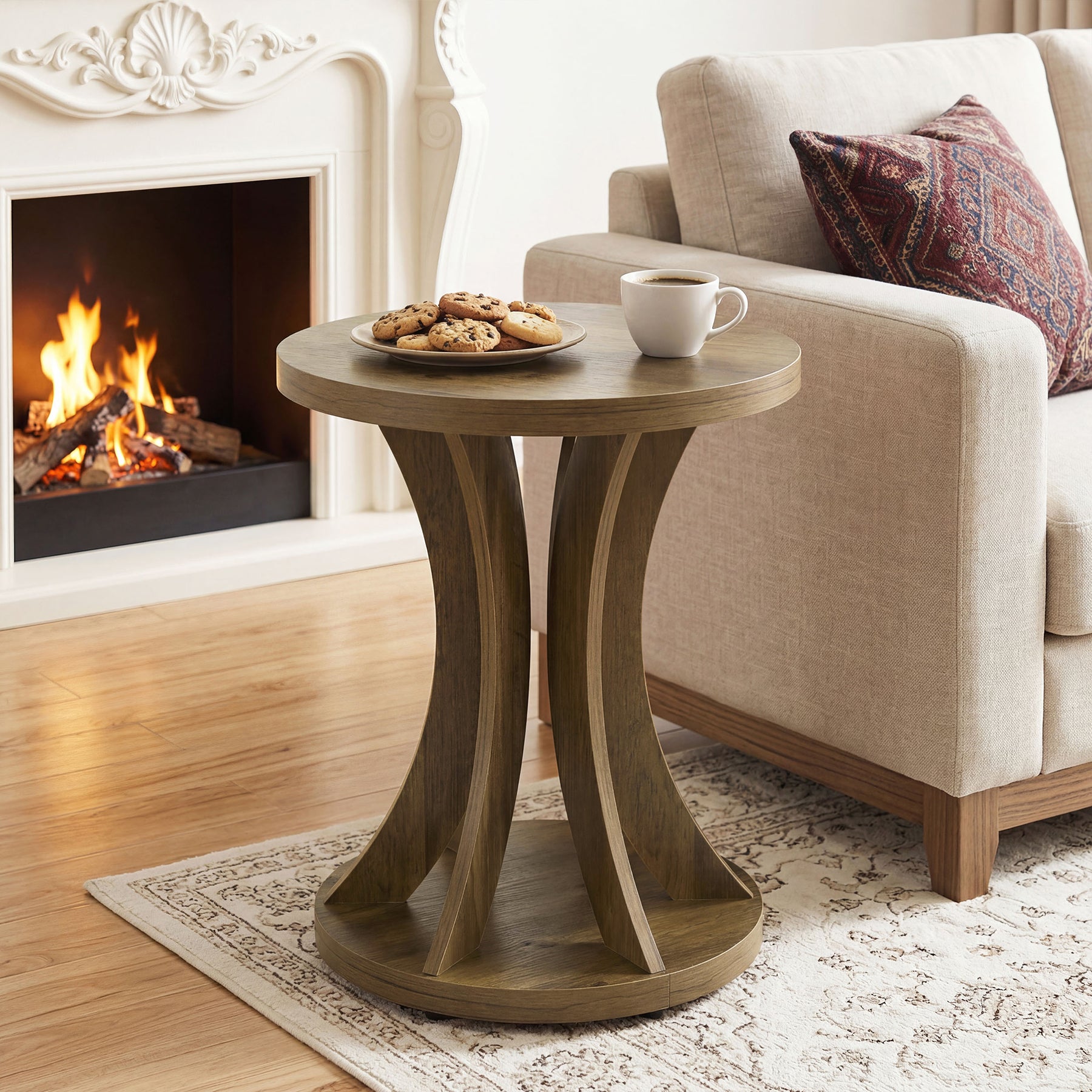 17.72 Inch Round Side Table, Farmhouse End Table with Curved Frame and Storage for Living Room