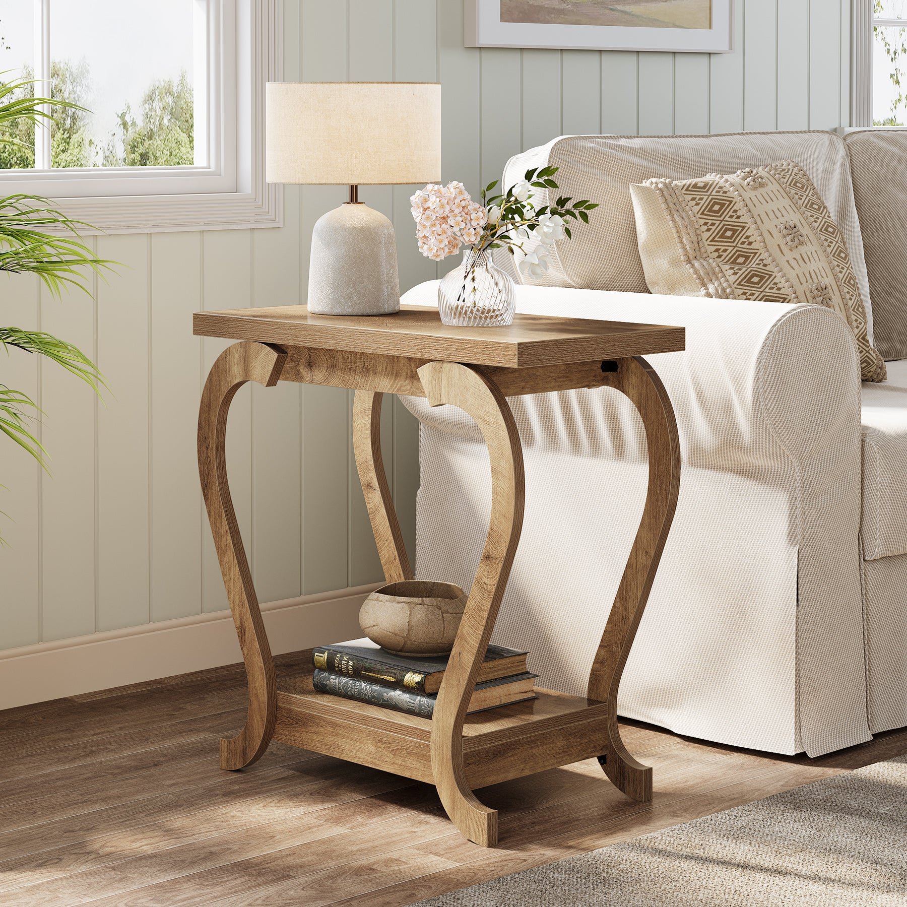 Brown Wooden End Table, 23.62 Inch 2-Tier Side Table for Small Spaces
