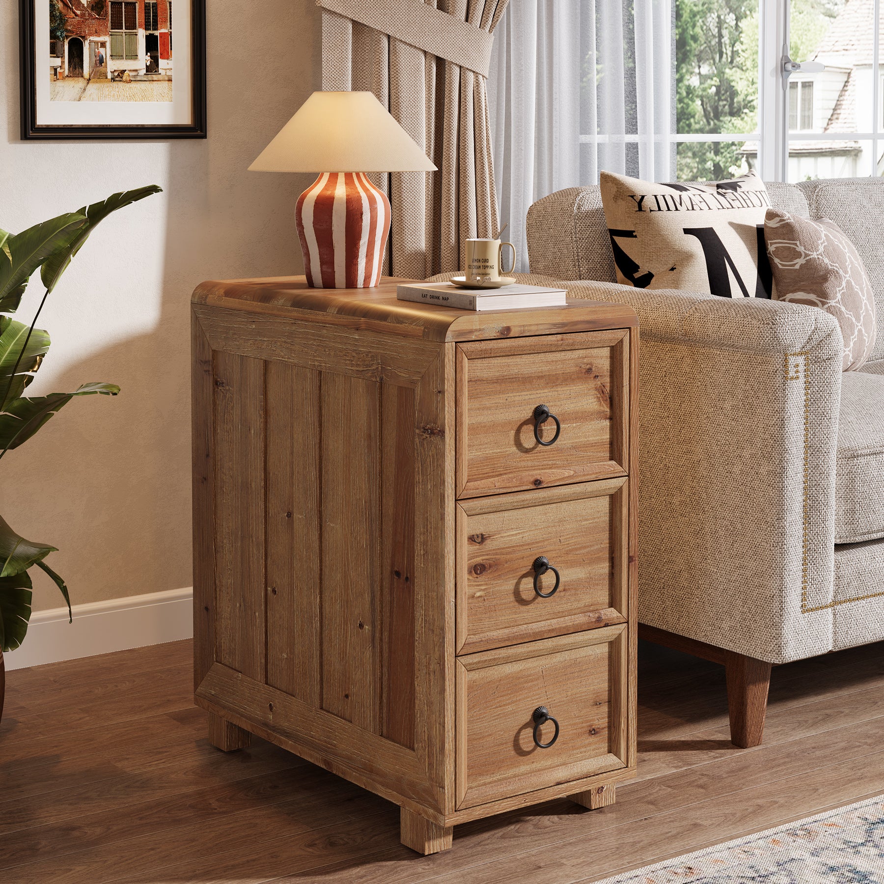 Tribesigns 11.81 Inch Narrow Solid Wood Side Table with 3 Drawers, Slim Bedside Table for Bedroom