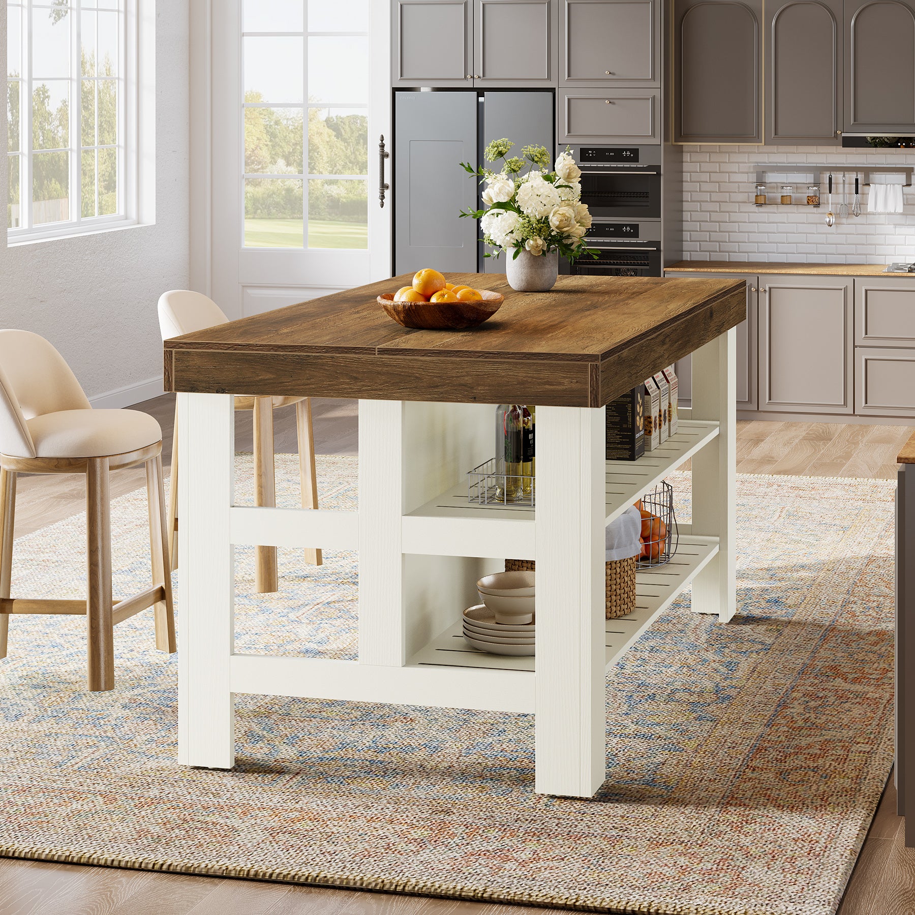 Tribesigns 55.1-Inch Kitchen Island with Seating and Storage Shelves, Farmhouse Breakfast Counter Table for Kitchen and Dining Room