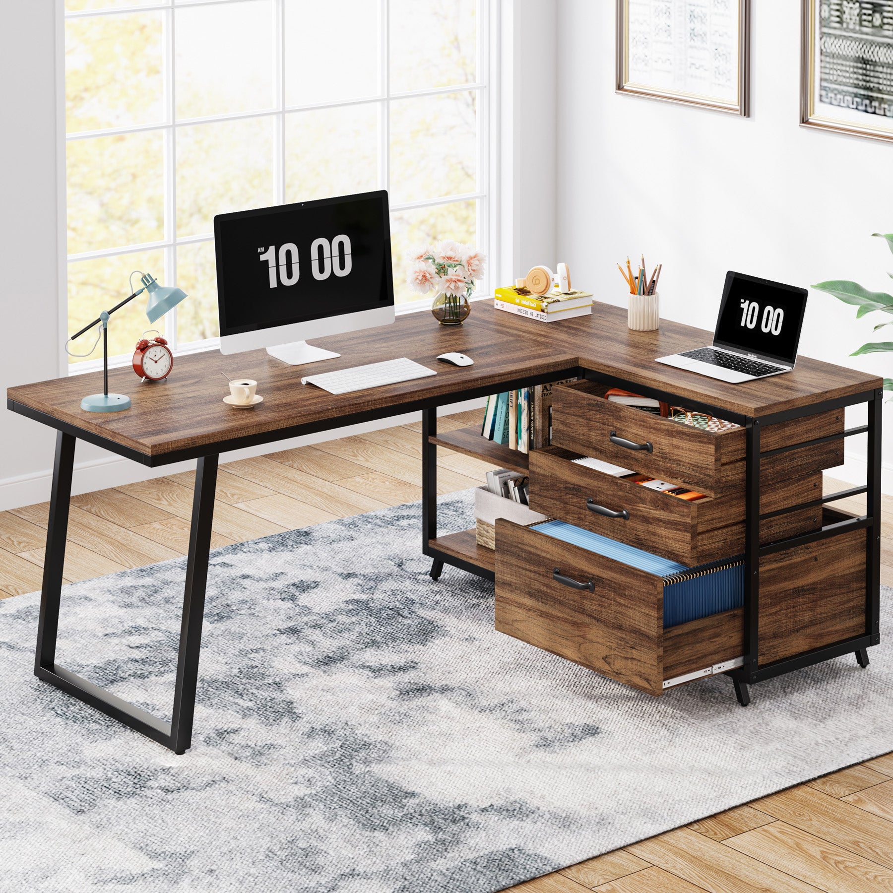 Reversible L-Shaped Computer Desk with 3 Drawers and Shelves, 53-Inch Rustic Brown Corner Desk for Small Spaces