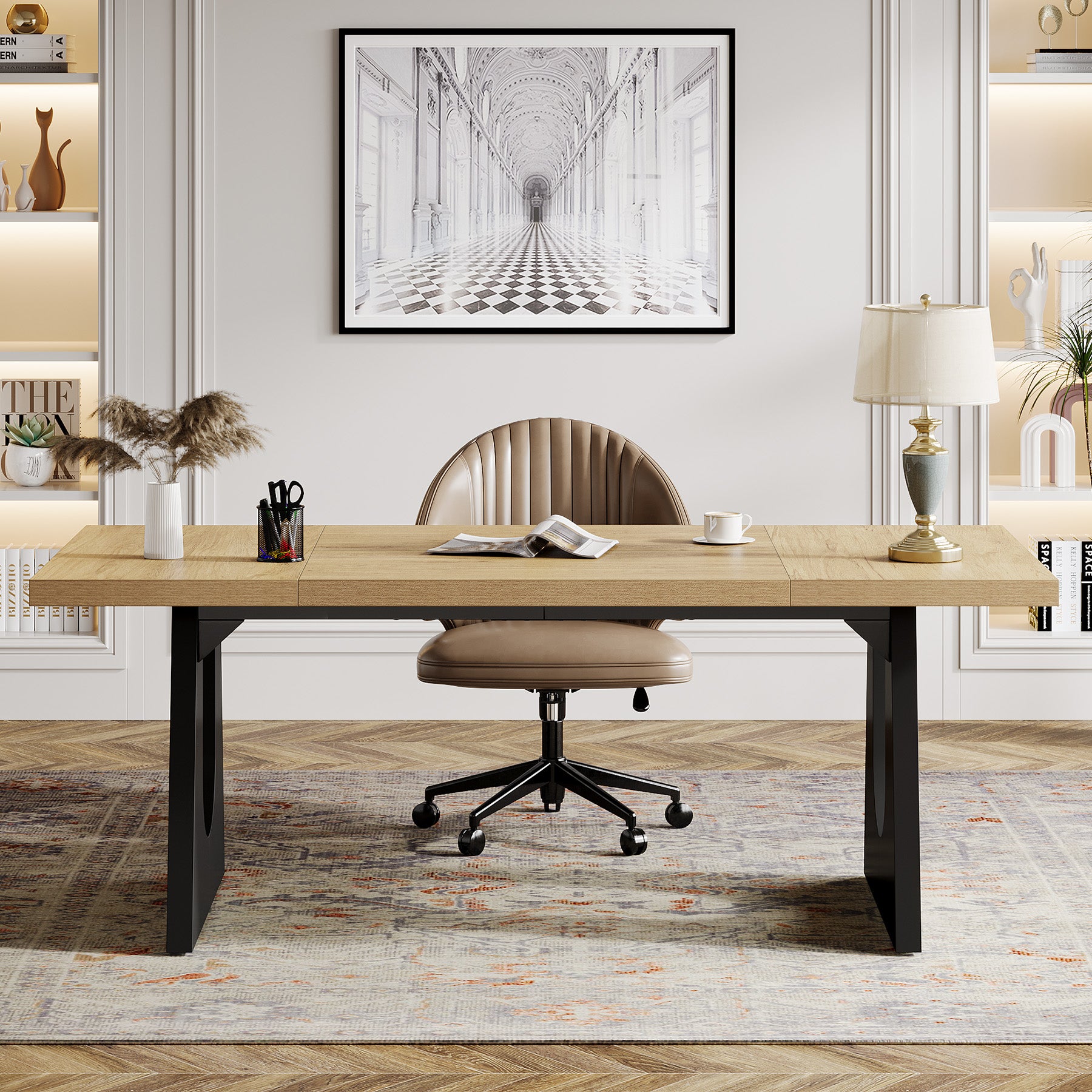 70.9-Inch Large Executive Desk with Double Pedestal Base, Modern Computer Writing Table