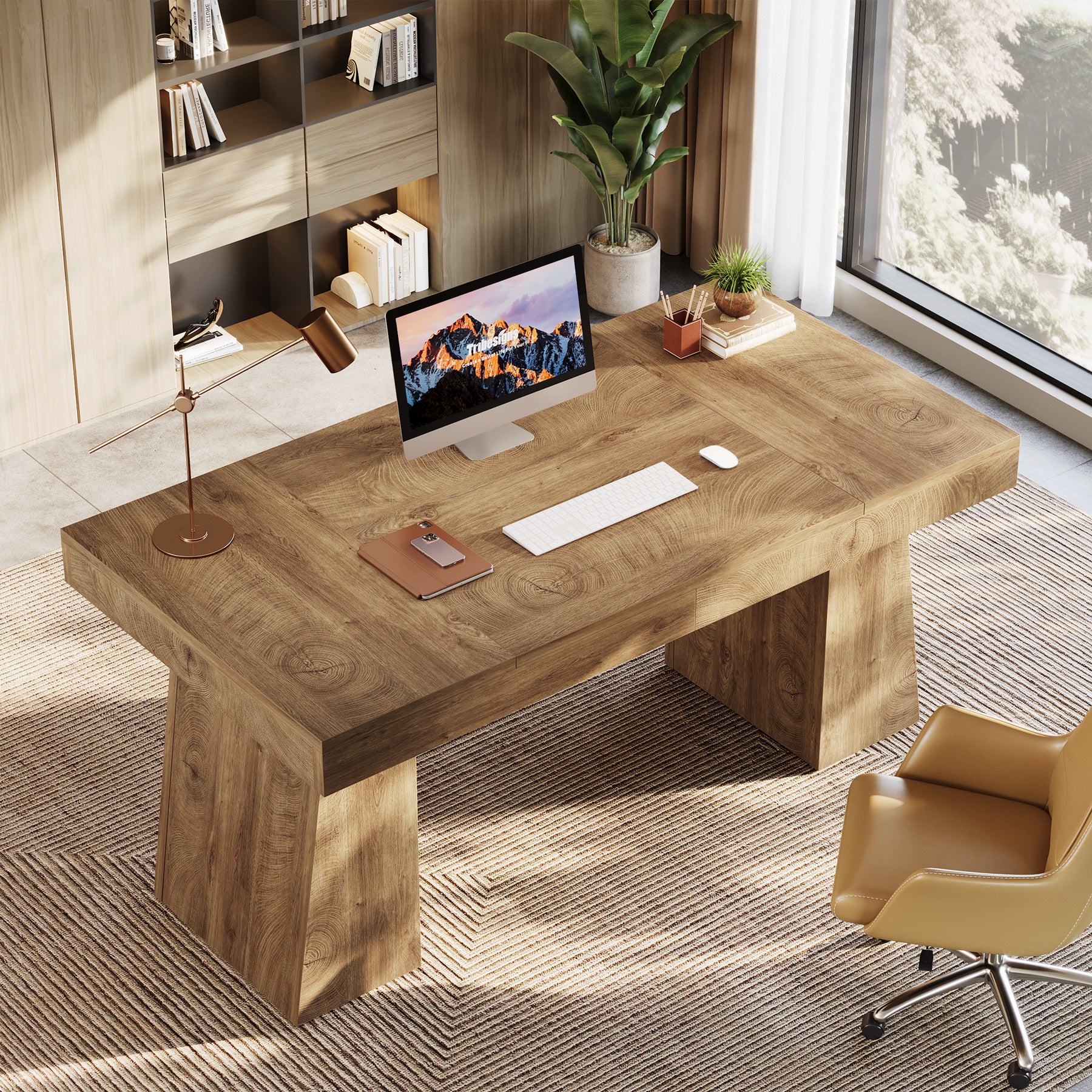55-Inch Executive Desk, Large Wood Office Computer Desk with Double Pedestal