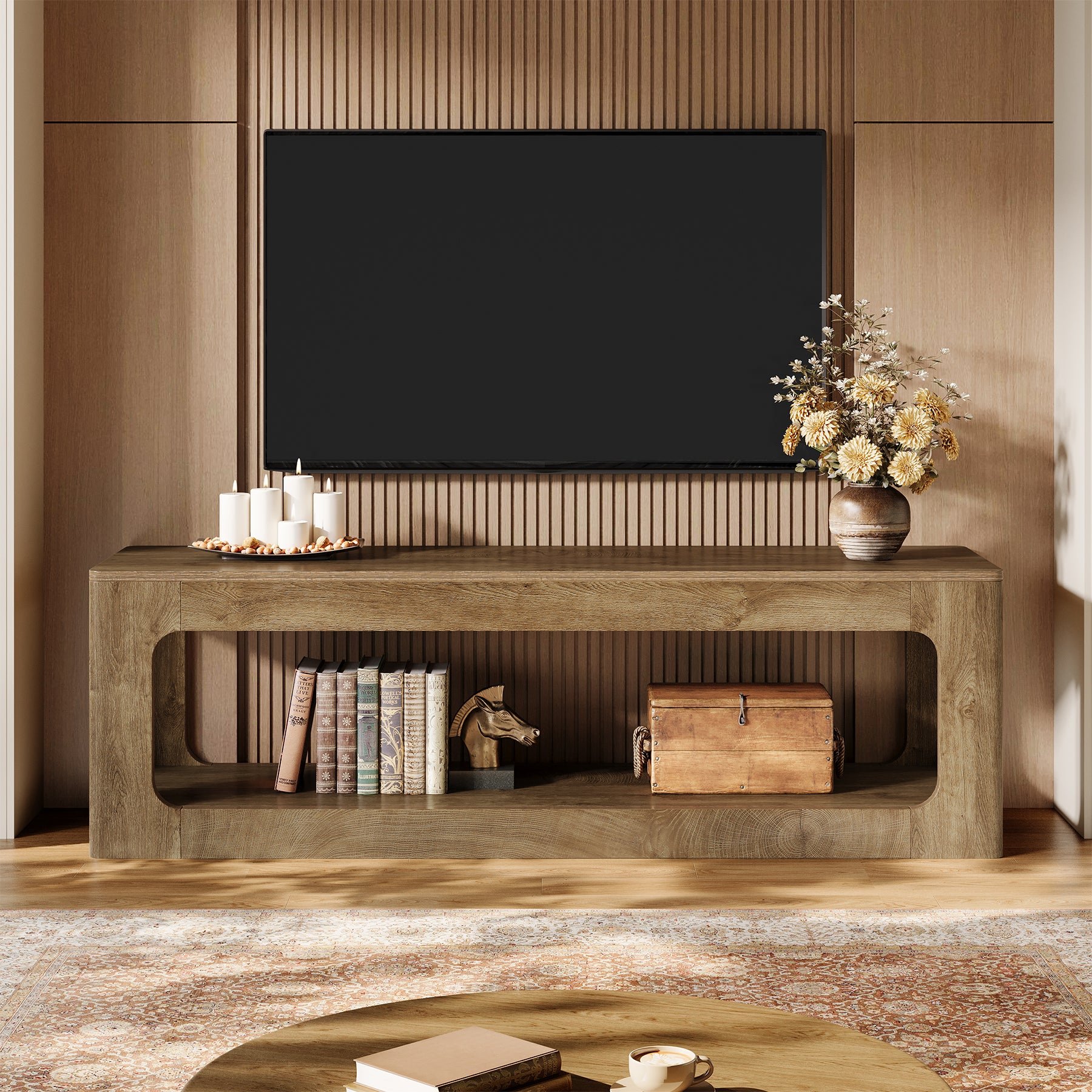 Tribesigns 63-Inch Farmhouse TV Stand with Circle Cutouts, 2-Tier Media Console for Living Room