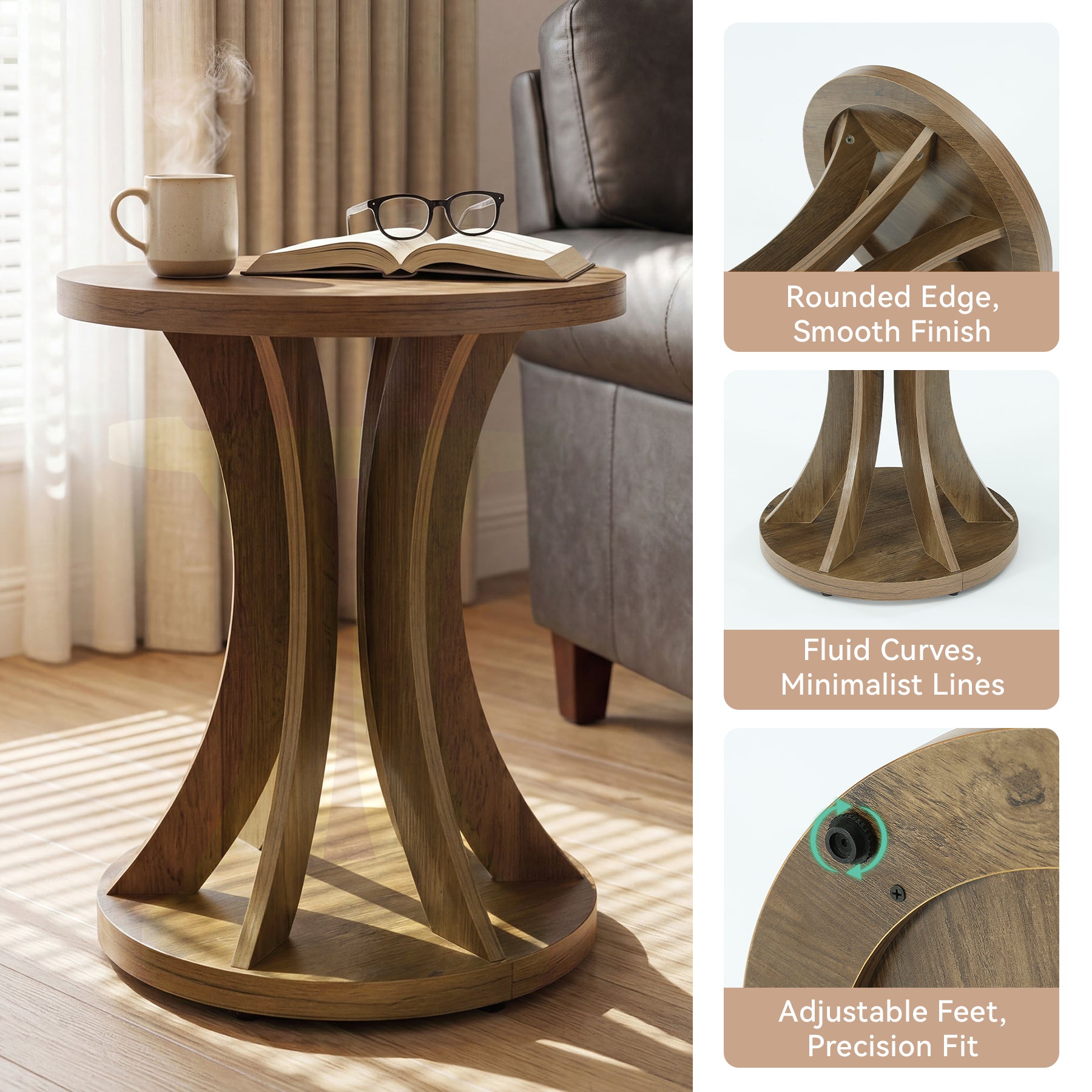 17.72 Inch Round Side Table, Farmhouse End Table with Curved Frame and Storage for Living Room