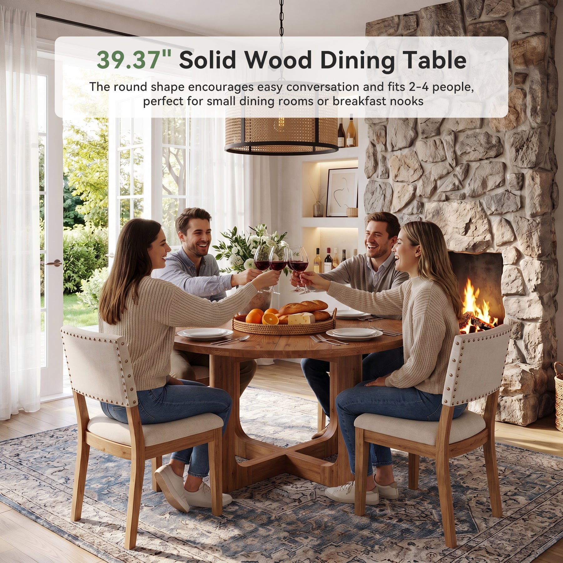 39.4-Inch Round Solid Wood Dining Table with X-Cross Legs, Farmhouse Kitchen Table for 2 to 4 People