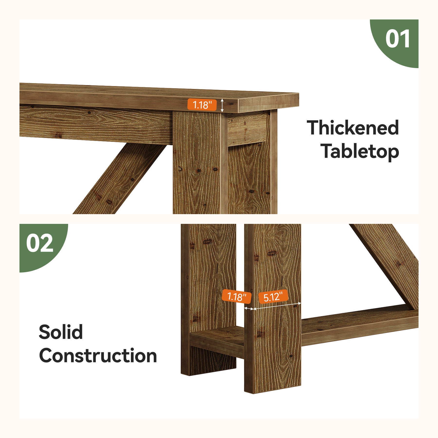 70.9-Inch Solid Wood Console Table with Triangular Base, 2-Tier Sofa Table for Hallway