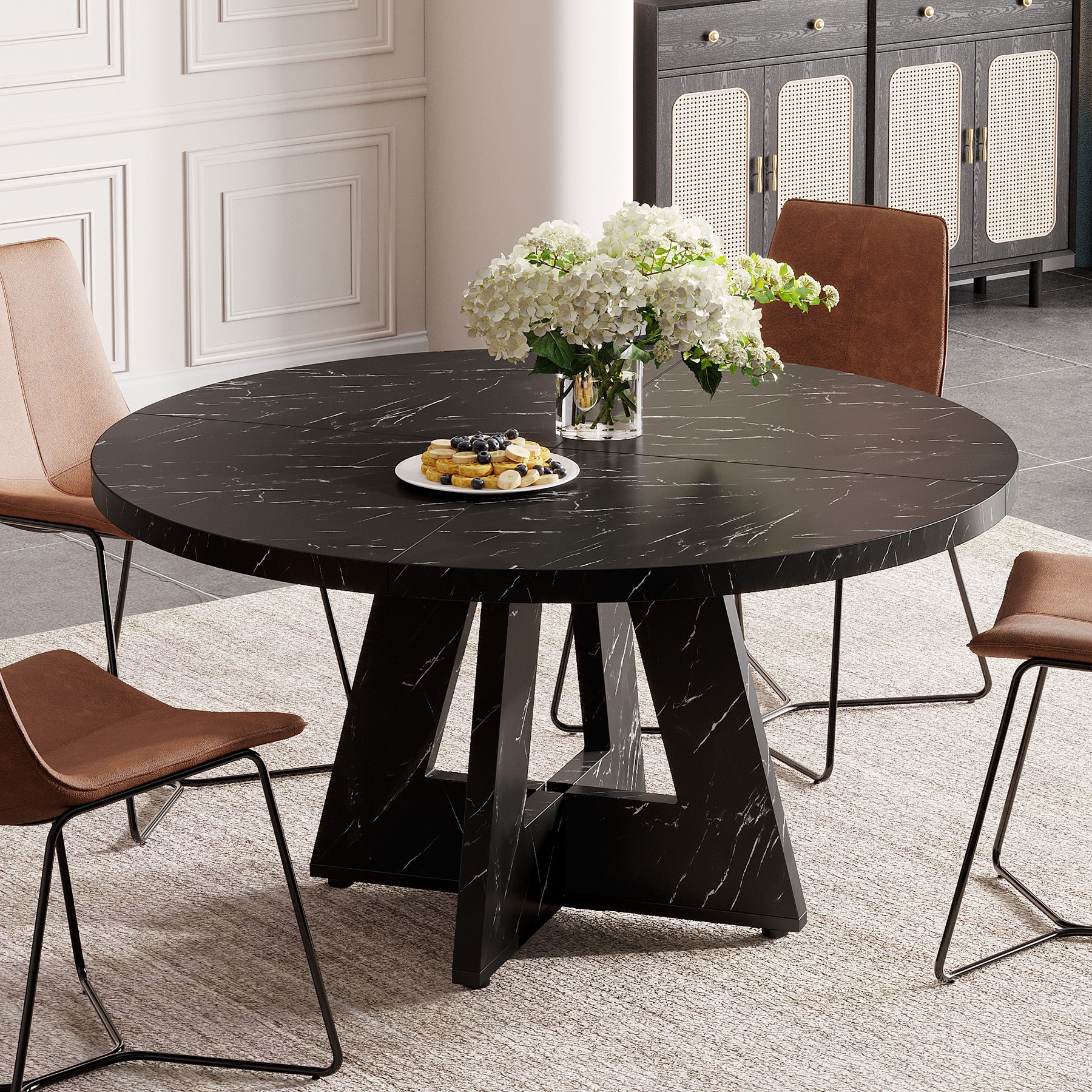 47-Inch Round Dining Table, Farmhouse Wood Kitchen Table for 4-6 with Cross Base