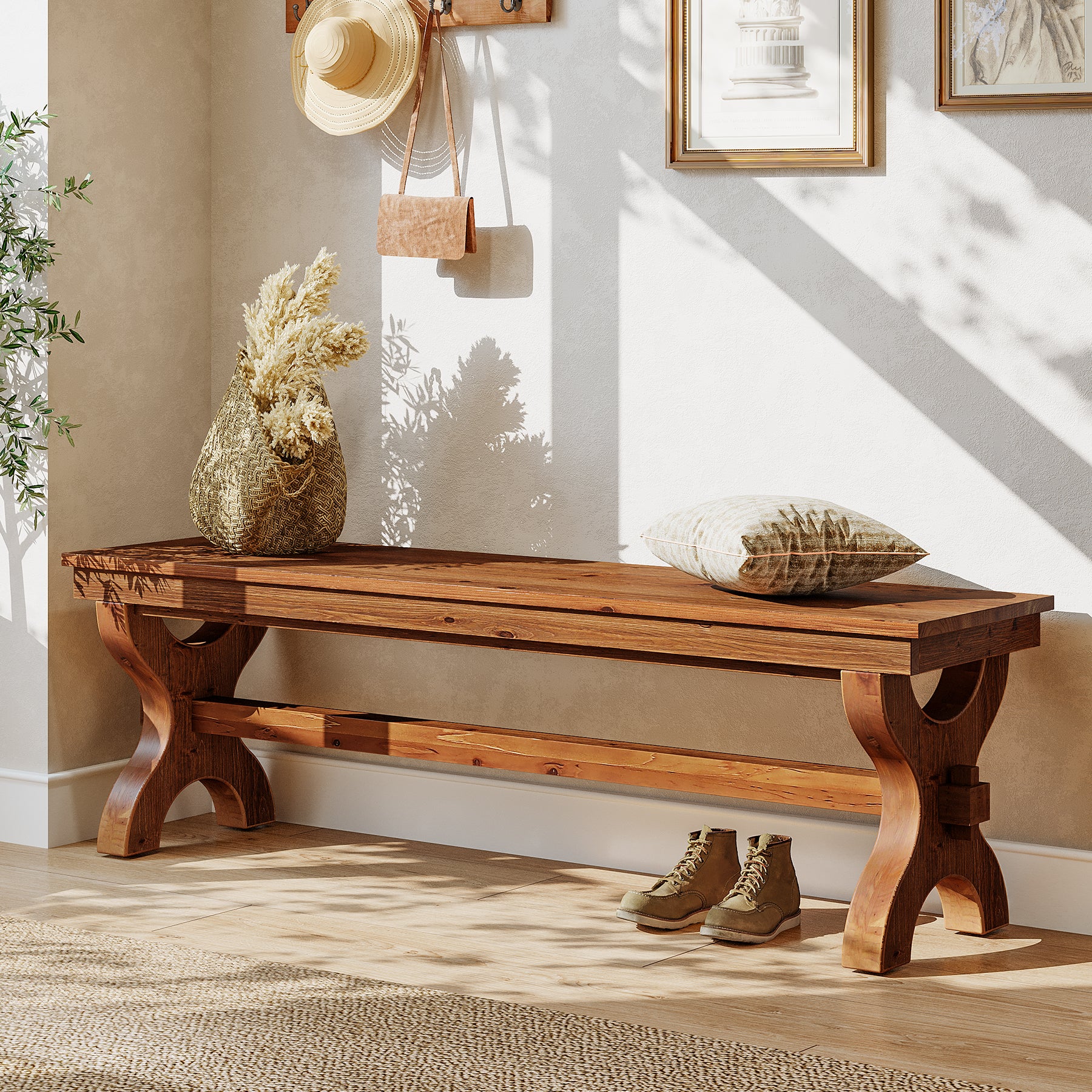 55 Inch Solid Wood Entryway Bench for 2, Farmhouse Narrow Seat for Hallway and Bedroom