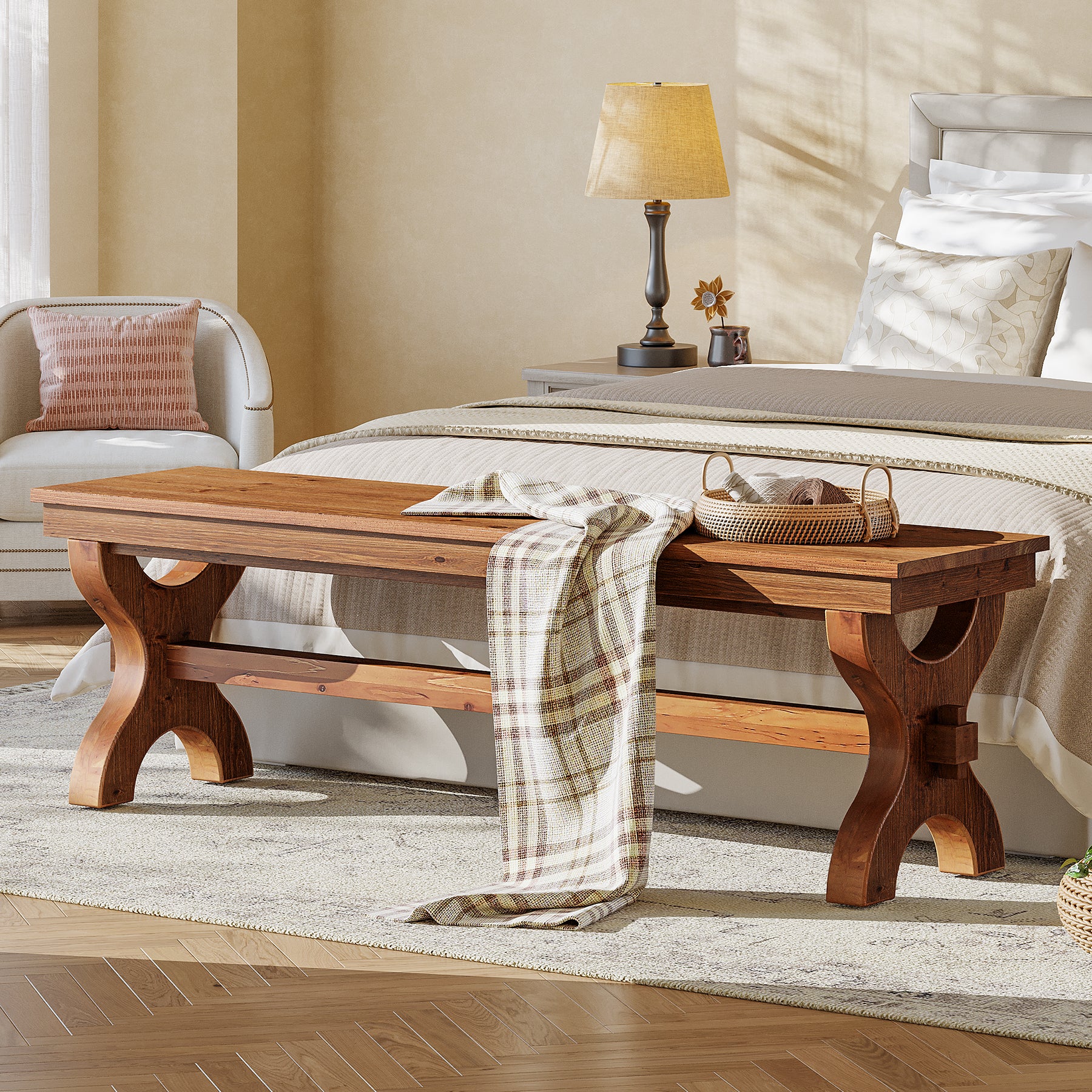55 Inch Solid Wood Entryway Bench for 2, Farmhouse Narrow Seat for Hallway and Bedroom