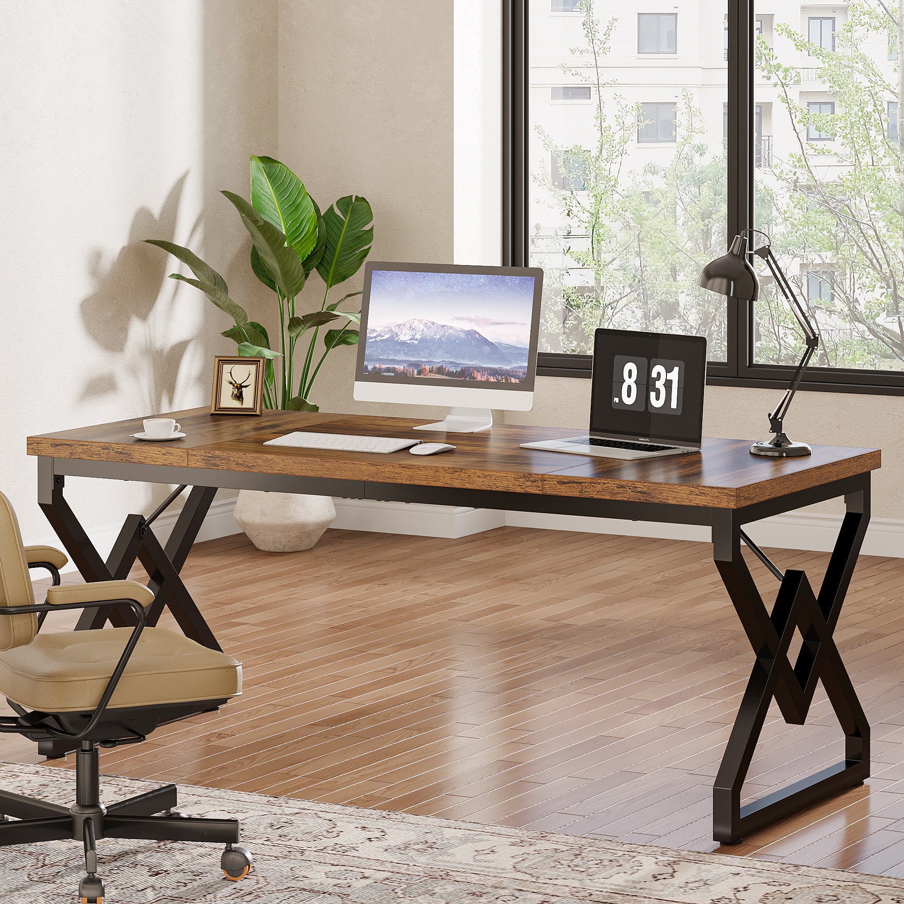 Tribesigns 63-Inch Large Office Desk, Industrial Computer Executive Desk with Extra Thick Wood-Look Top and Metal Frame for Home Office