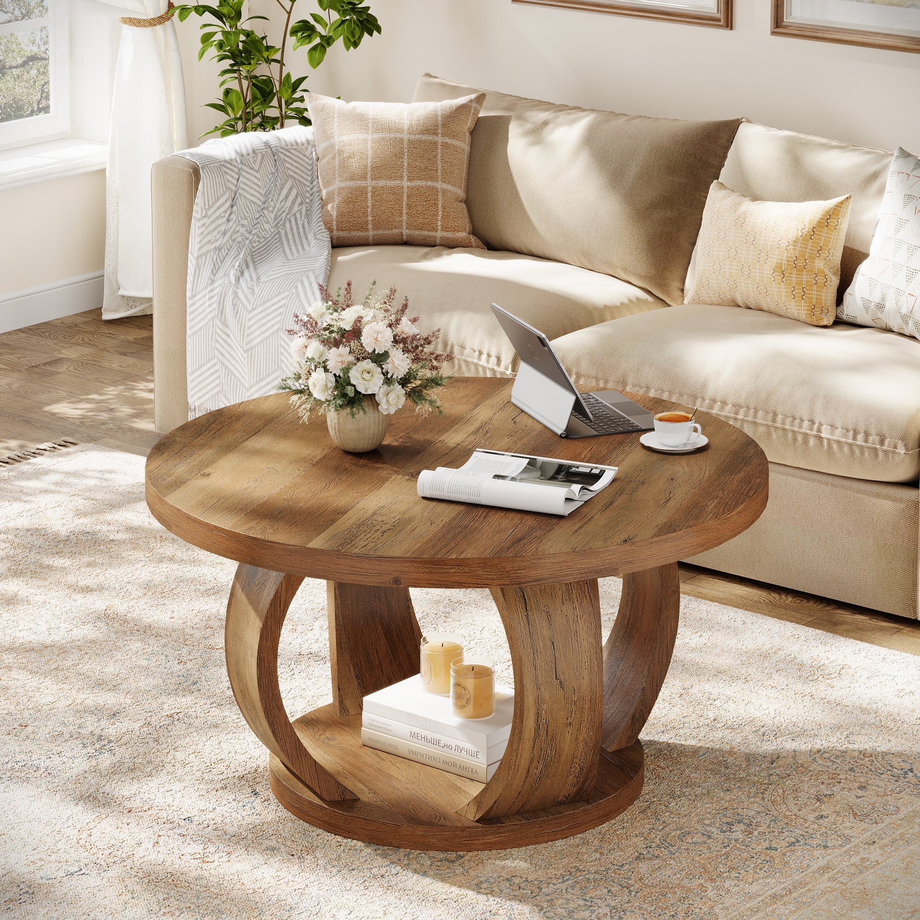 Tribesigns 31.5" Wooden Circle Coffee Table, 2-Tier Storage for Small Spaces