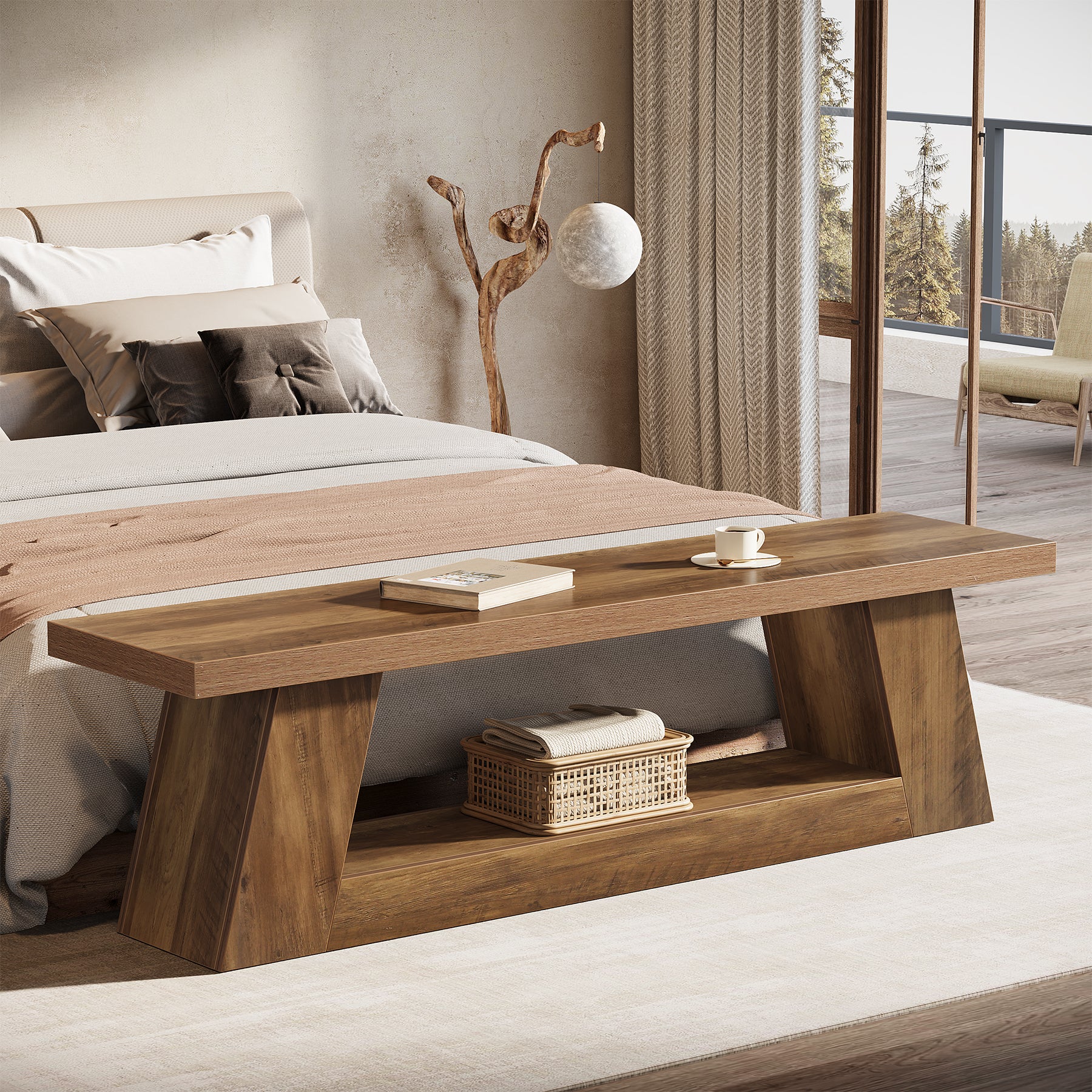 63" Wooden Entryway Bench with 2-Tier Storage, Rustic Long Bench for Hallway Living Room Bedroom