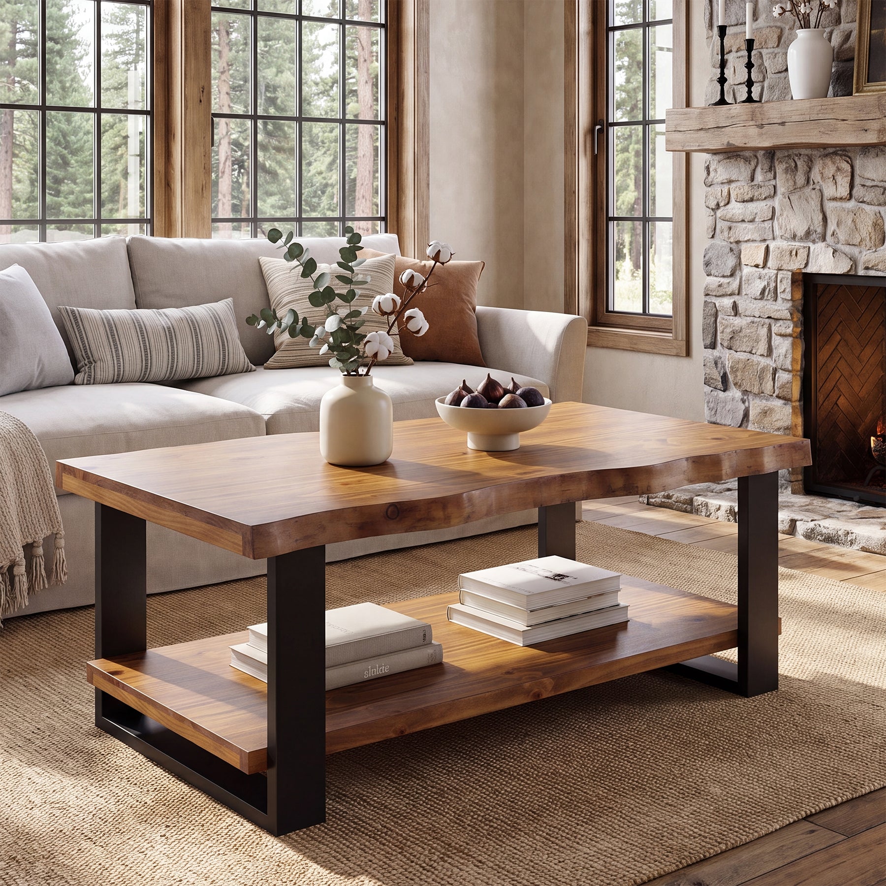 Tribesigns 47-Inch Solid Wood Coffee Table with Live Edge Top, 2-Tier Storage Table for Living Room