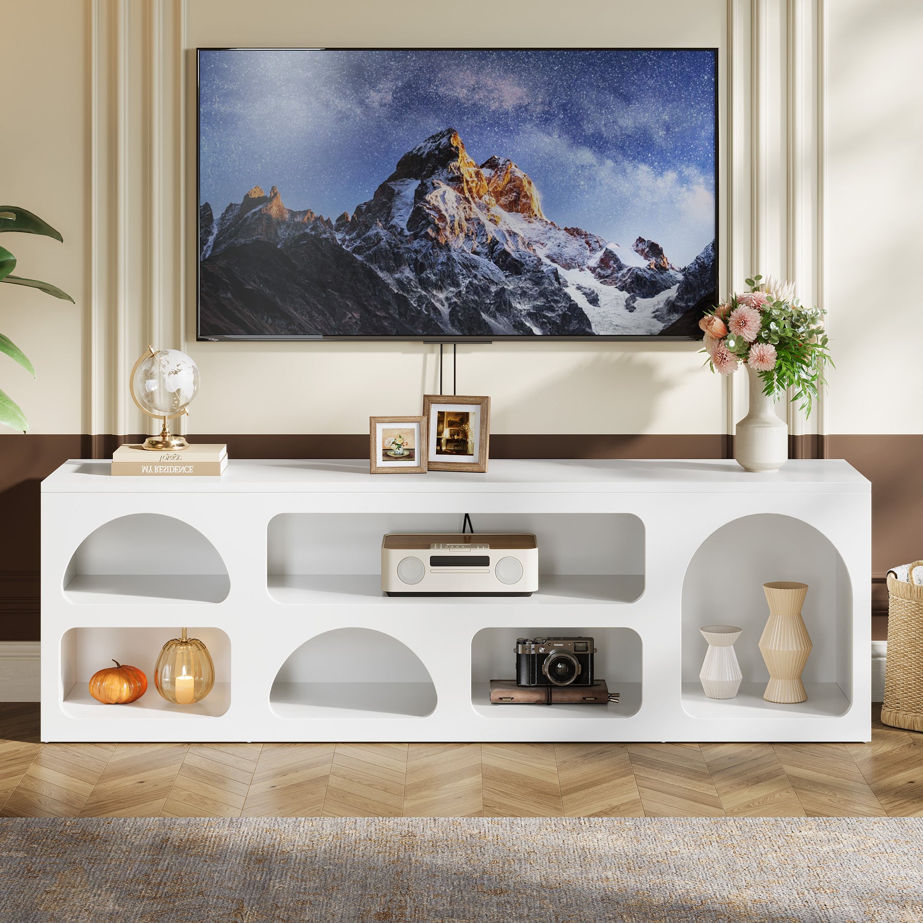 Tribesigns 63-Inch TV Stand with 6 Open Shelves, Modern Entertainment Center for Living Room