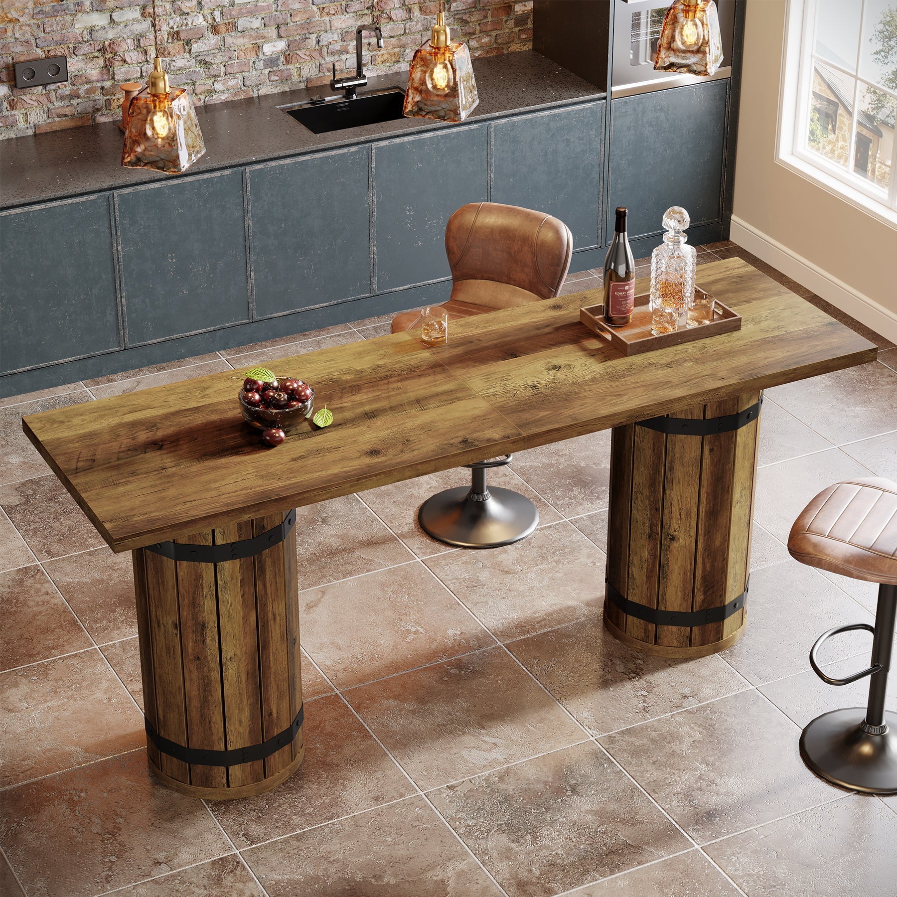 70.9-Inch Long Bar Table with Slatted Base, Rectangular Counter Height Pub Table