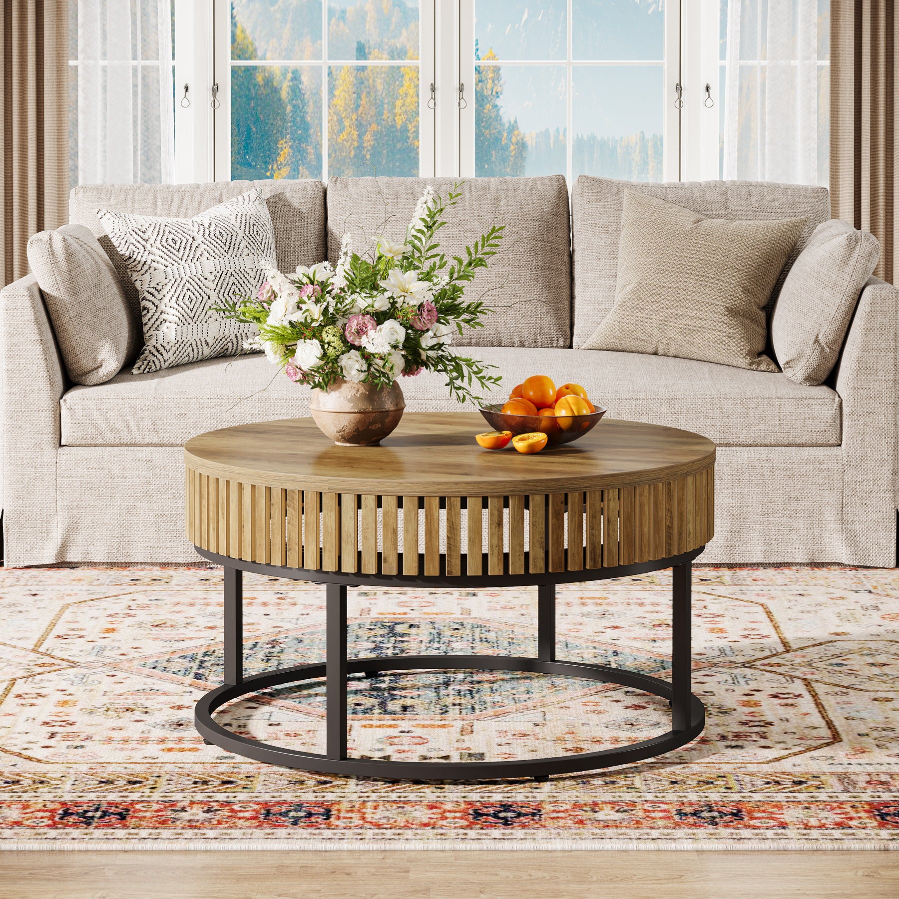 Tribesigns 31.5-Inch Round Coffee Table, Farmhouse Cocktail Table with Black Metal Legs for Living Room