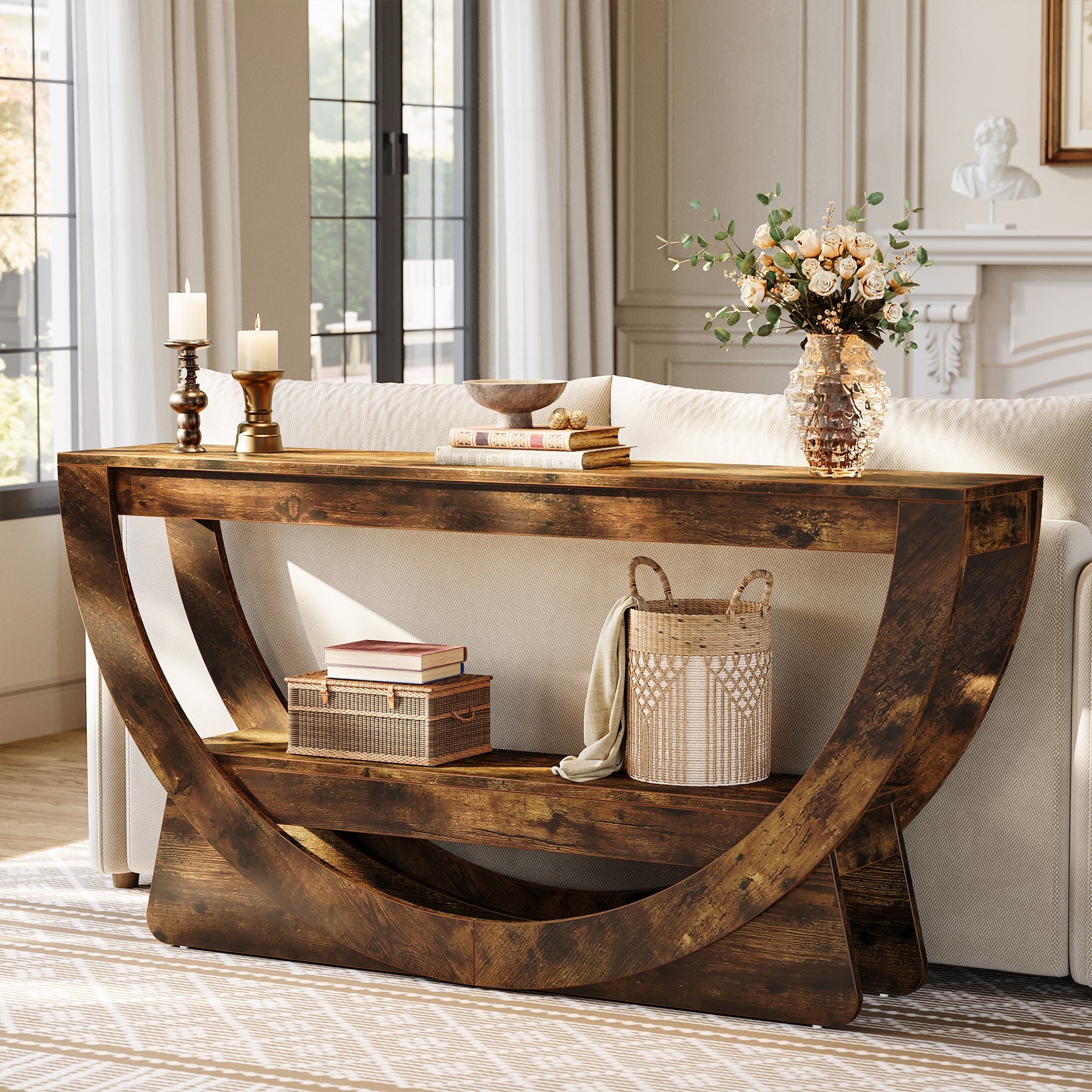 63" Console Table, 2 - Tier Entryway Table with Storage Shelves & Arched Frame Tribesigns