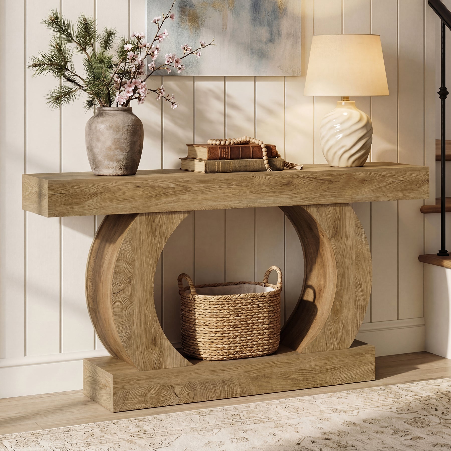 Tribesigns 59-Inch Farmhouse Console Table with Circular Open Base, 2-Tier Slim Entryway Table for Living Room and Hallway