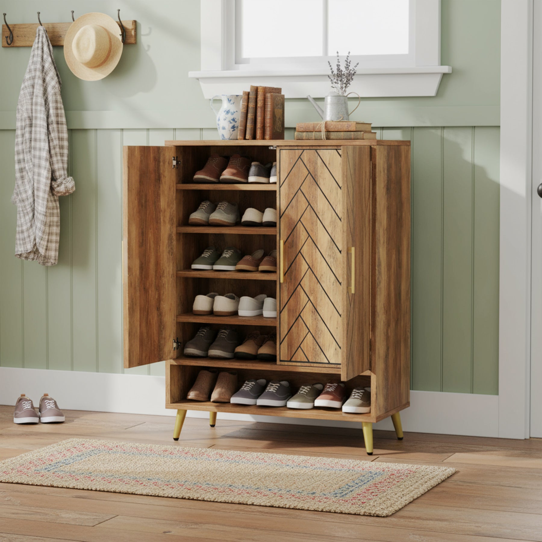 6-Tier Adjustable Shoe Cabinet - Wooden Shoe Organizer with Storage Shelves