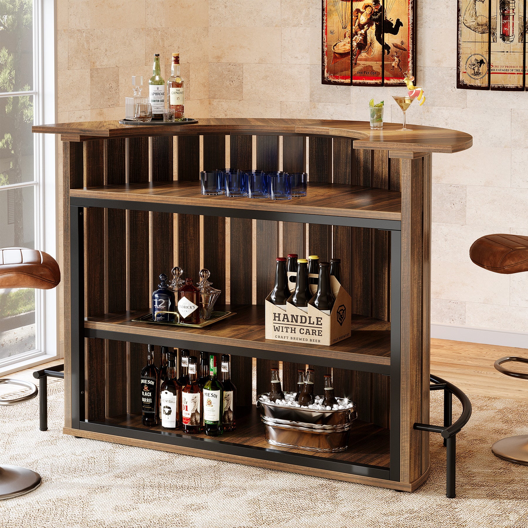 Tribesigns Bar Table with 4-Tier Storage and Footrest, Arc-Shaped Mini Home Bar Unit
