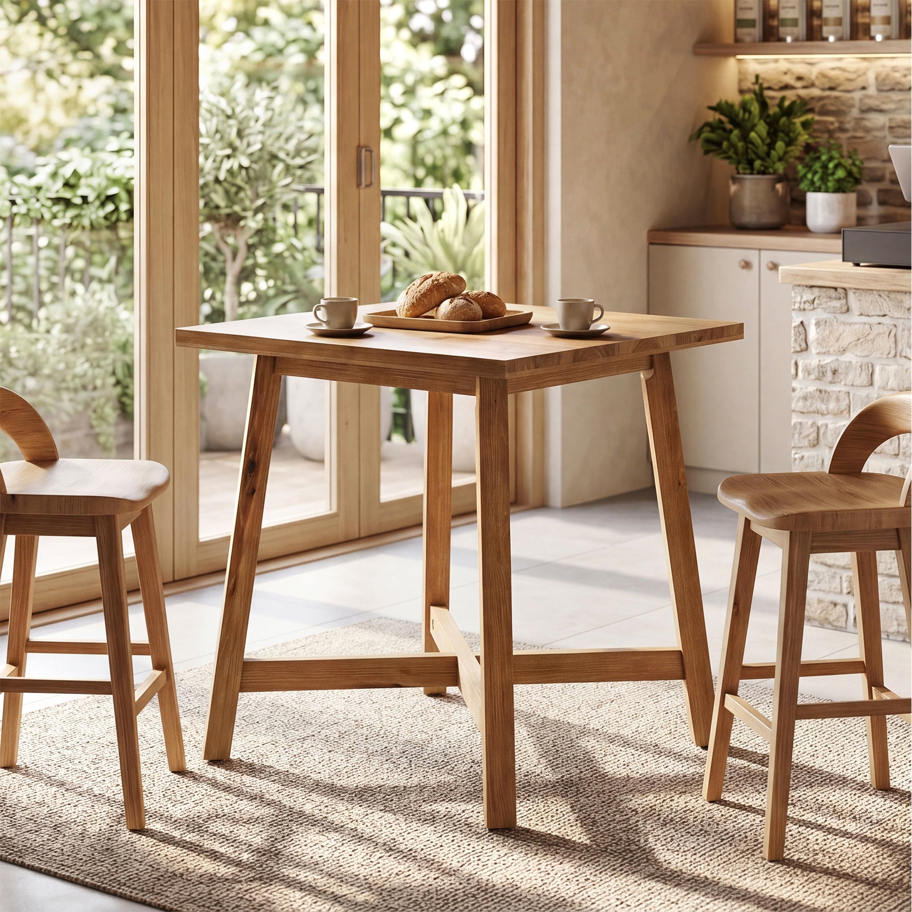 31.5-Inch Square Solid Wood Bar Table with Footrest, Farmhouse Counter Height Bistro Table
