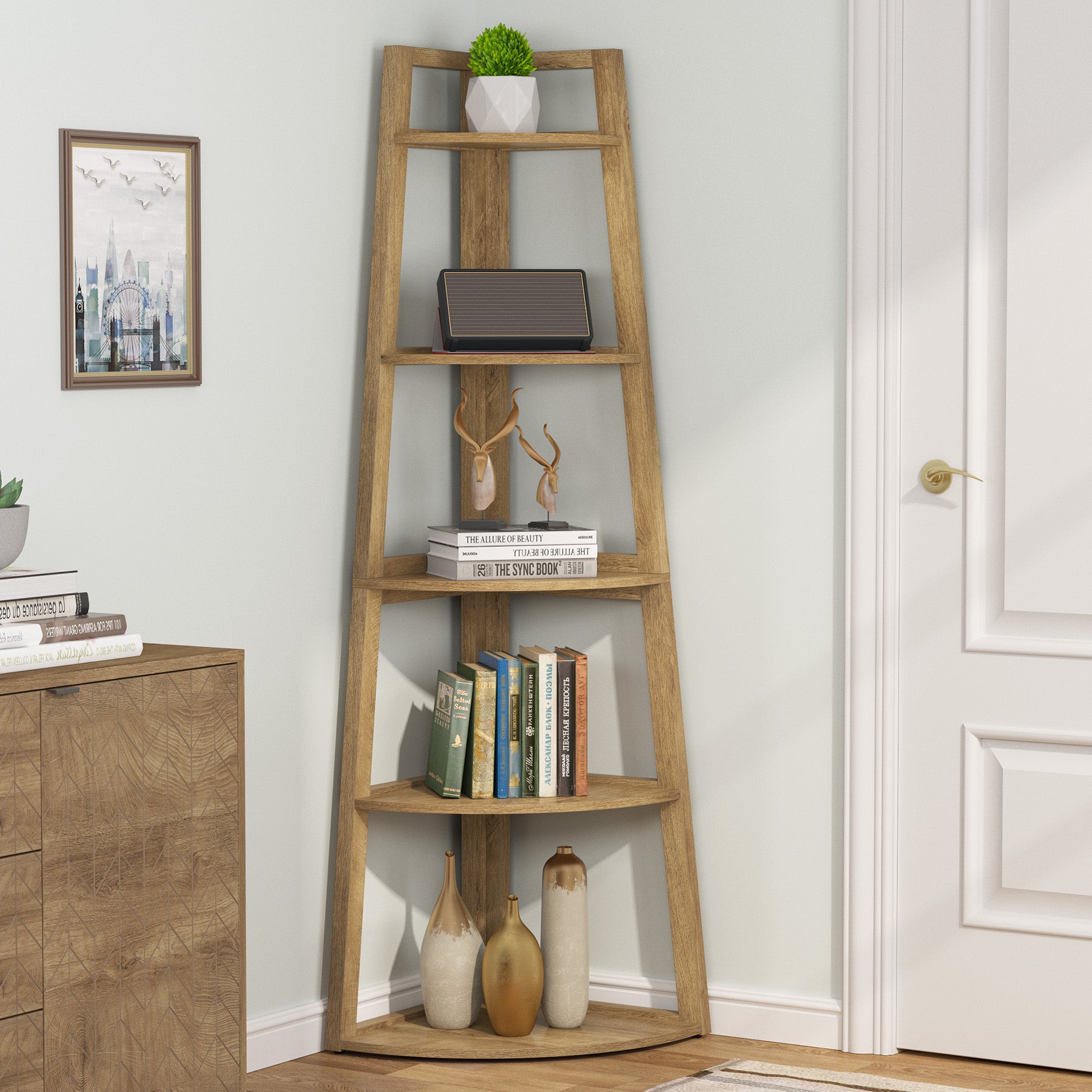 Tribesigns 70-Inch Tall Corner Shelf 5-Tier Bookcase, Industrial Corner Ladder Shelf for Small Spaces