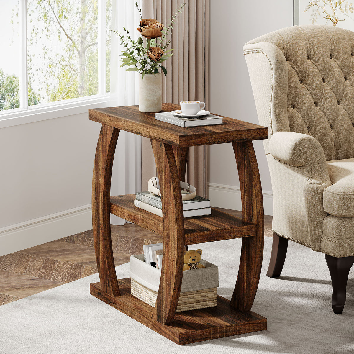 Farmhouse Geometric Side Table, Three-Tier Narrow Storage for Small Spaces
