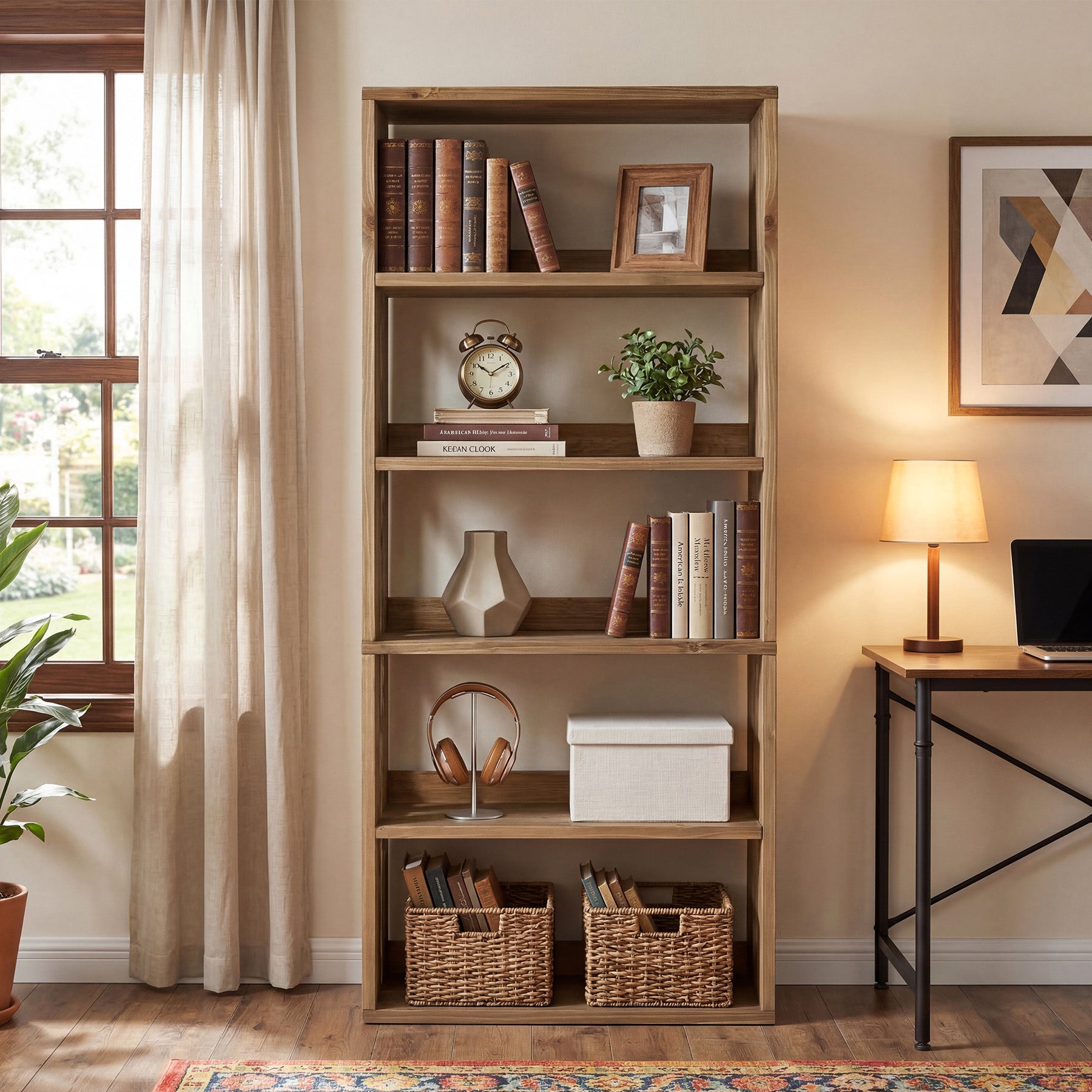 70.8 Inch Solid Wood Bookshelf, 5 Tier Rustic Bookcase with Display Storage for Home