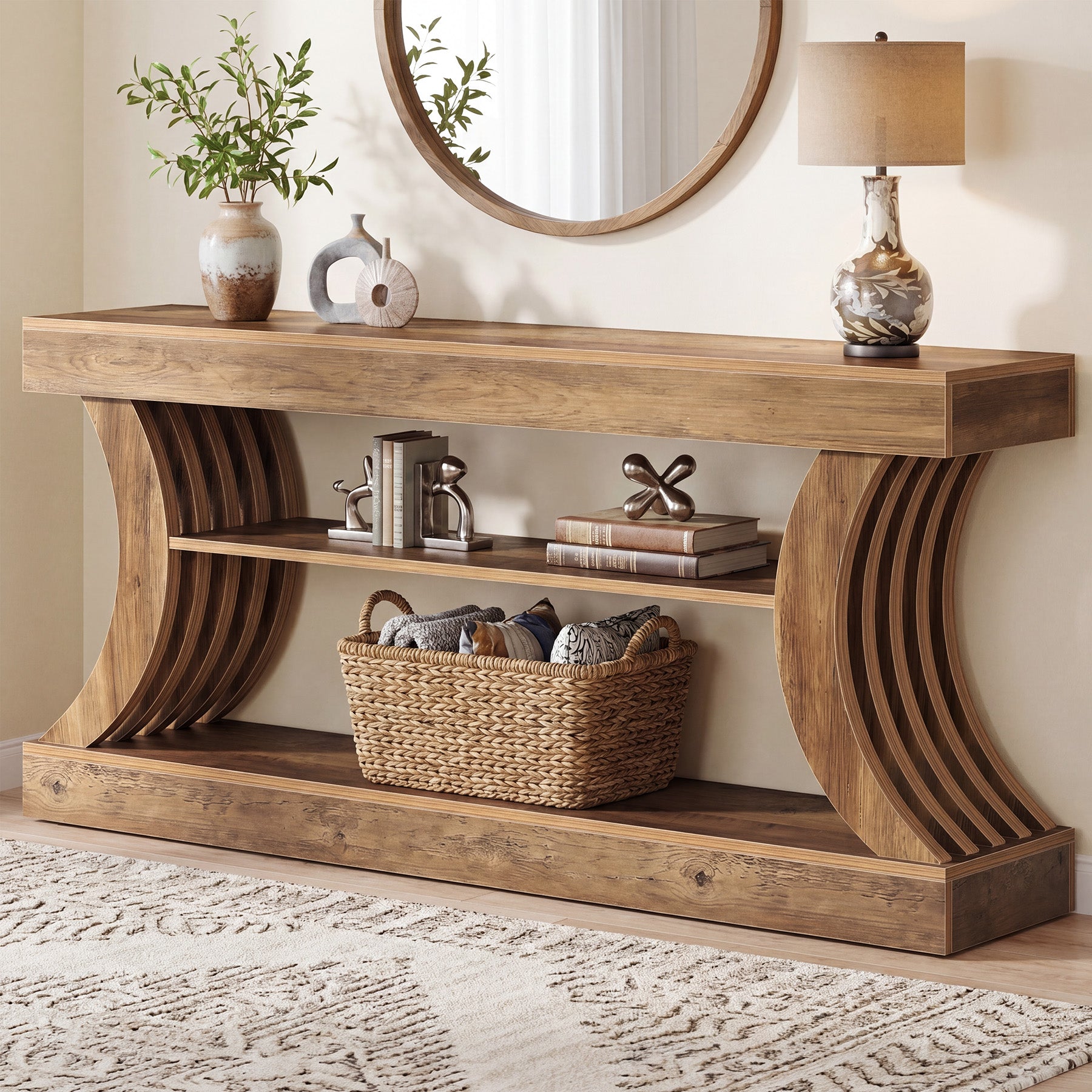 70.9-Inch 3-Tier Console Table with Curved Base, Farmhouse Hallway Table with Storage