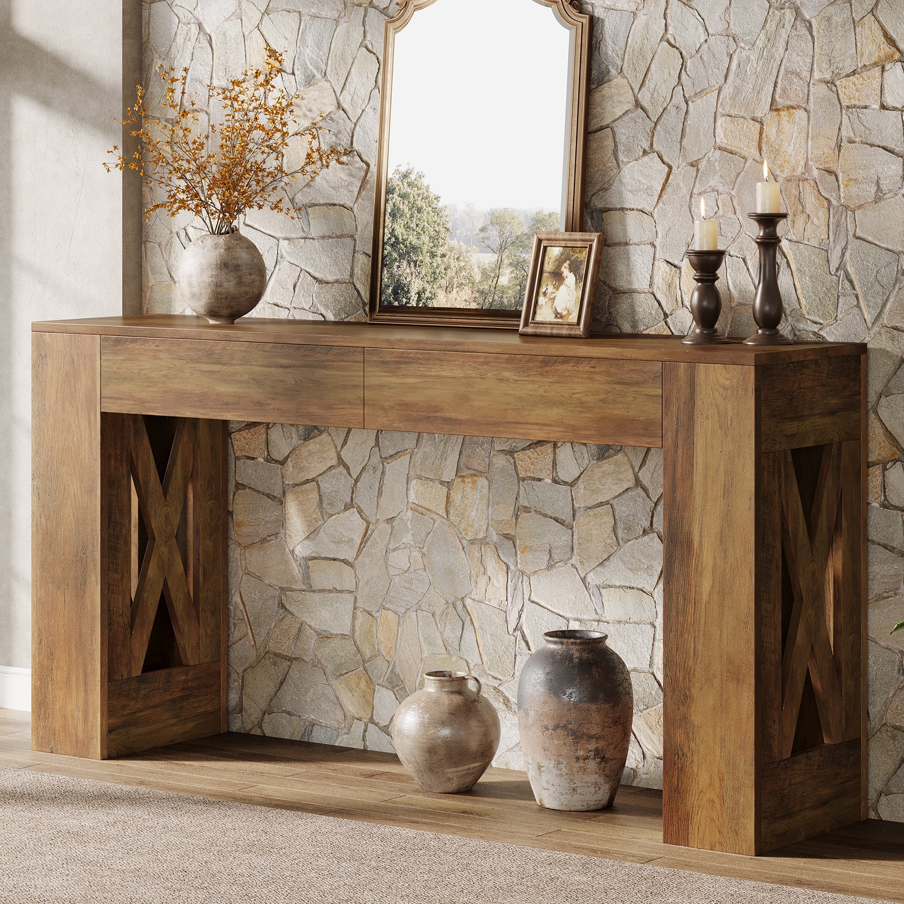 Tribesigns 63-Inch Farmhouse Console Table, X-Leg Sofa Table with 2 Drawers