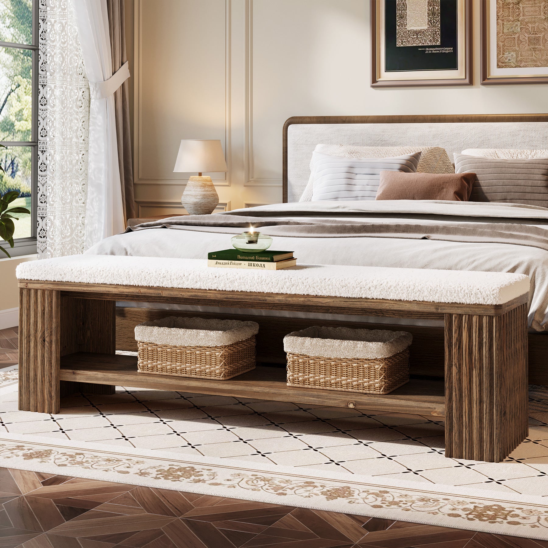 Tribesigns 63 Inch Solid Wood Bench with Removable Faux Lambswool Cushion, Farmhouse End of Bed Seat