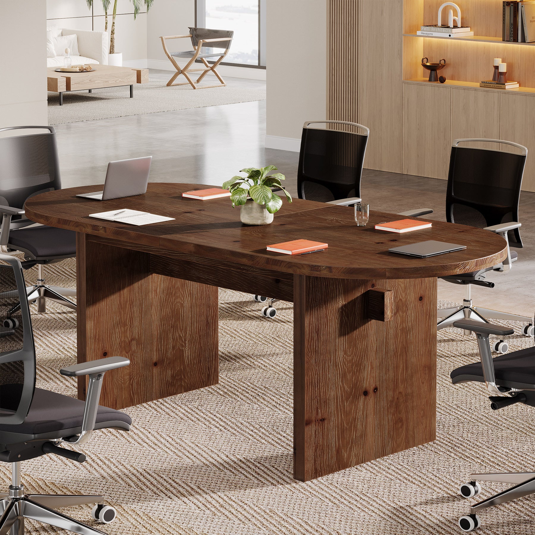 63-Inch Solid Wood Conference Table for 4 to 6 People with Oval Tabletop, Farmhouse Meeting Seminar Table