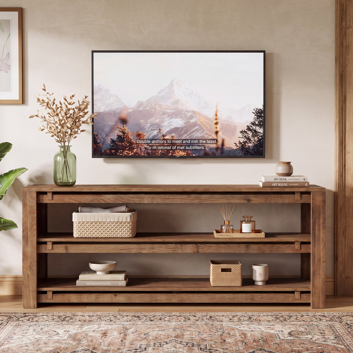 Tribesigns 63" Solid Wood TV Stand with 3-Tier Open Storage, Rustic Media Console for 75" TVs