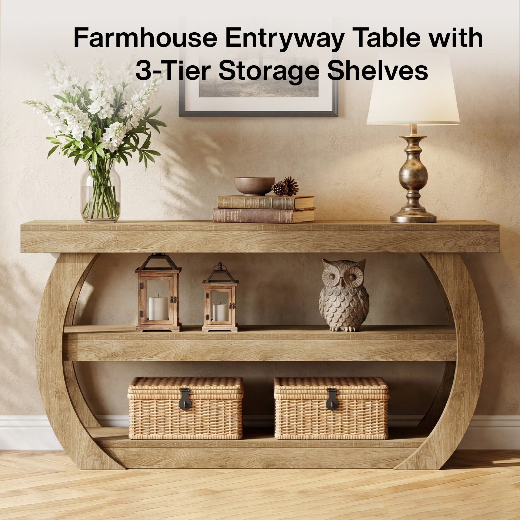 63" Farmhouse Console Table with 3-Tier Storage, Long Wooden Sofa Table for Entryway and Living Room