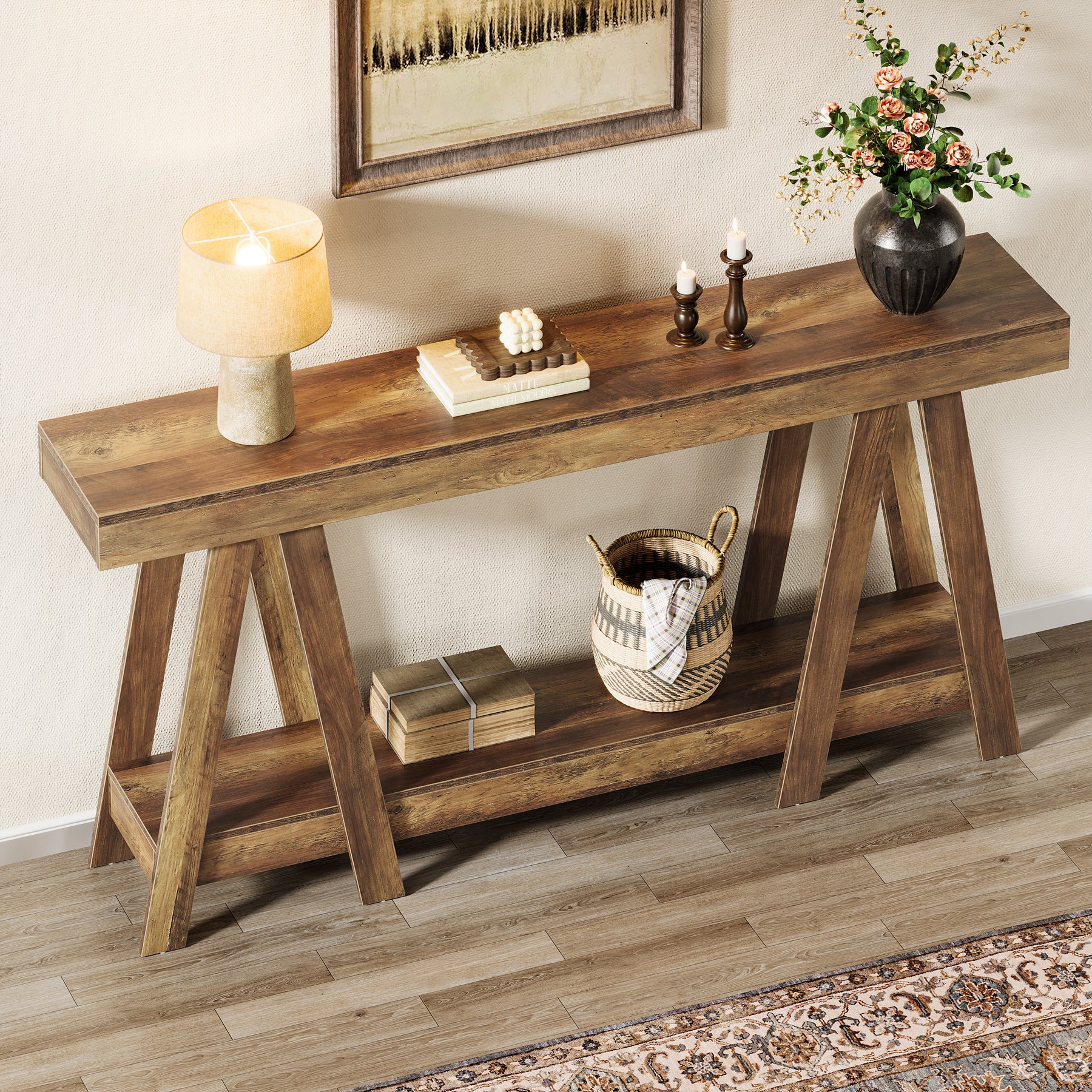 Tribesigns 70.87-Inch Farmhouse Console Table with 2-Tier Storage and A-Shaped Frame, Narrow Entryway Sofa Table for Living Room and Foyer