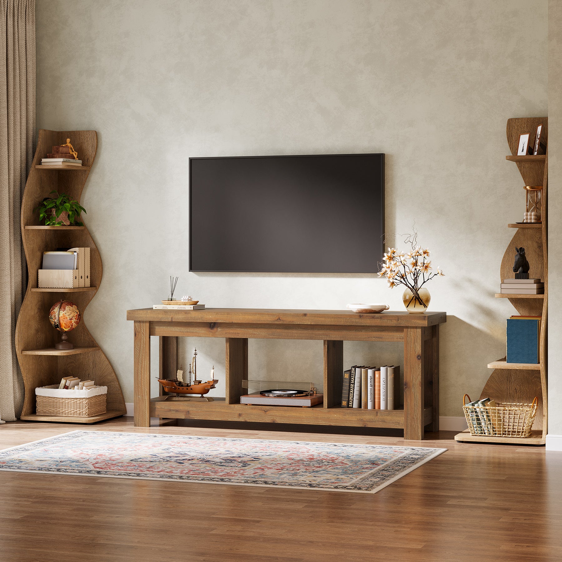 Tribesigns 63-Inch Solid Wood TV Stand with 3 Open Storage Shelves, Farmhouse Entertainment Center for TVs up to 75 Inches