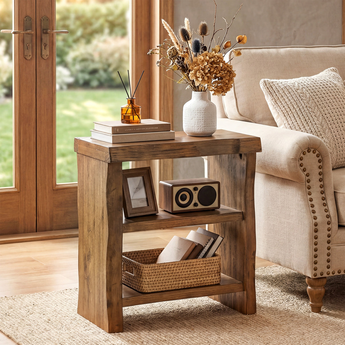23.62 Inch Solid Wood End Table with 3-Tier Storage Shelves and Live-Edge Design, Narrow Side Table for Living Room