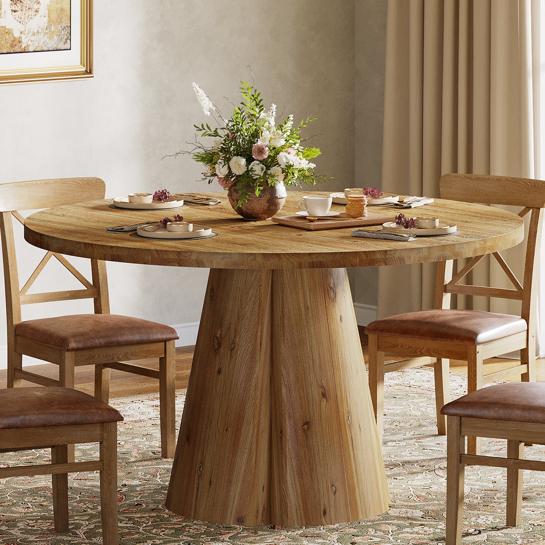 Tribesigns 47.24-Inch Solid Wood Dining Table, Farmhouse Round Kitchen Table with Pedestal Base for Dining Room