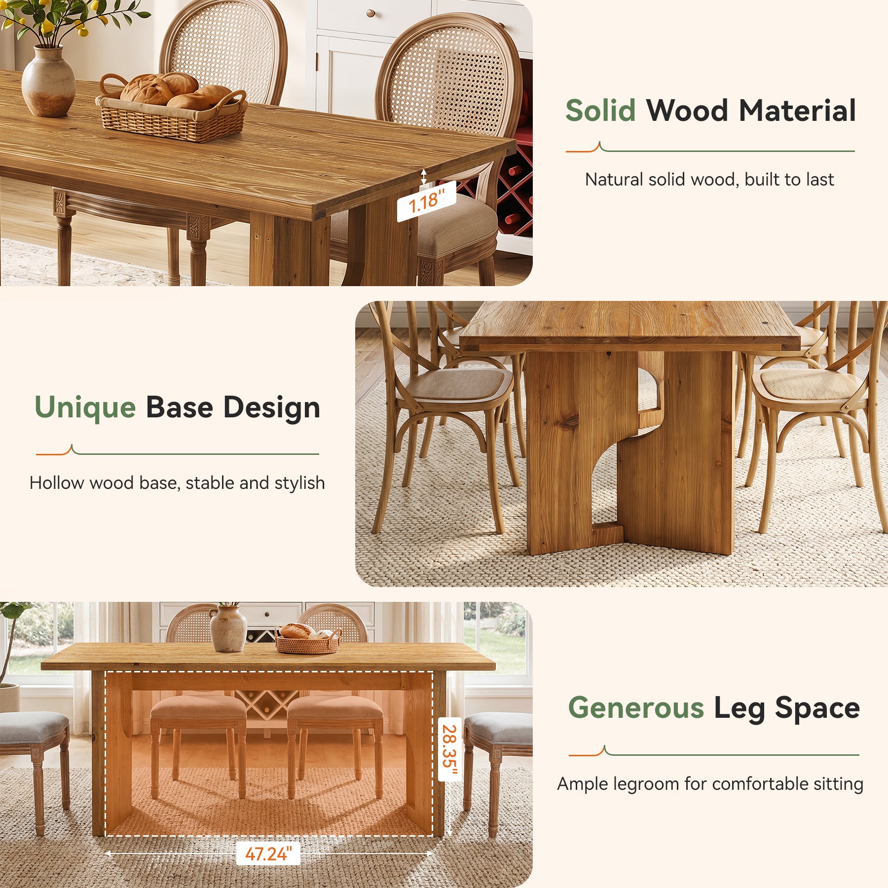 Tribesigns 63-Inch Solid Wood Dining Table with Cutout Bases, Farmhouse Table for Dining Room