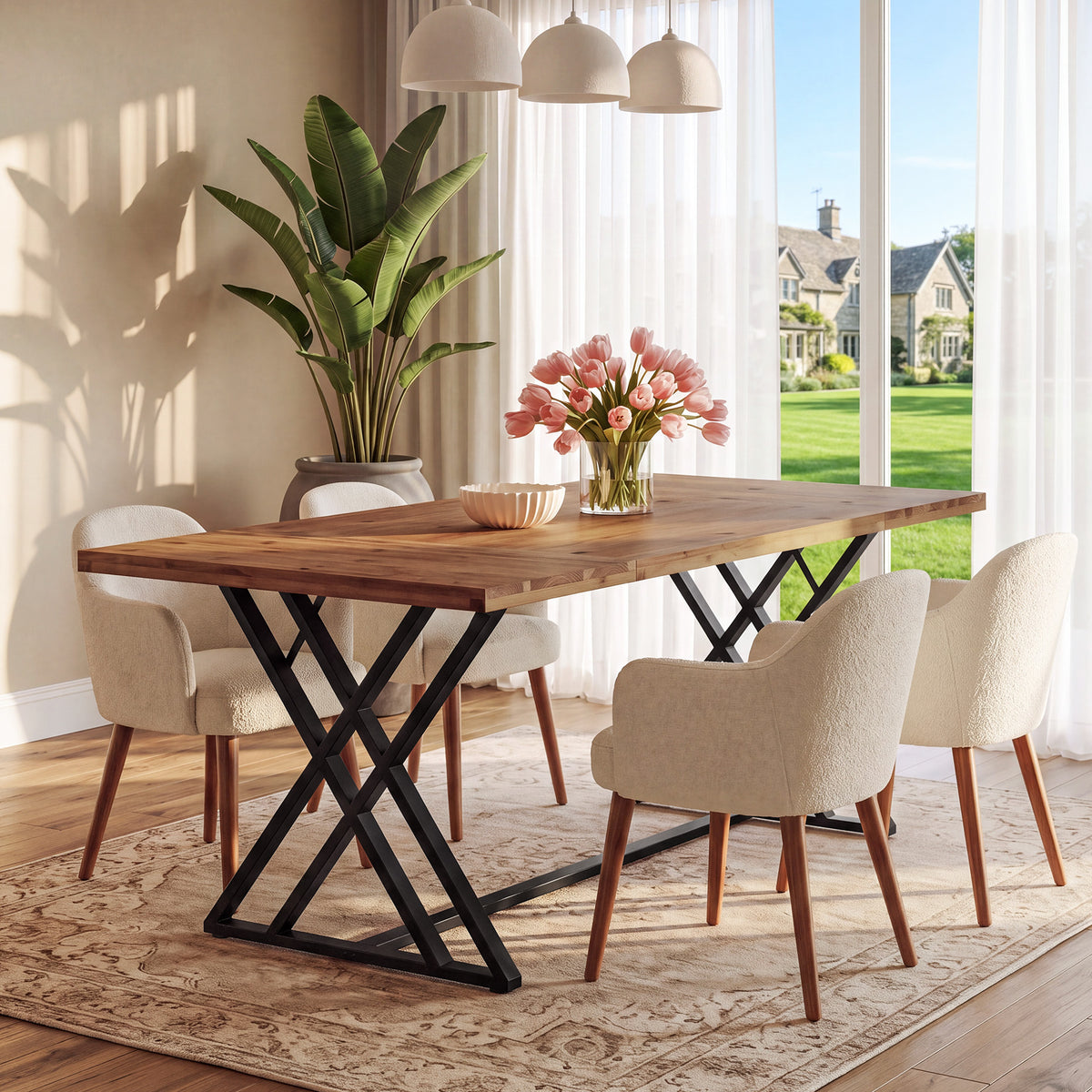 Tribesigns 63 Inch Solid Wood Dining Table with X-Shaped Metal Legs, Farmhouse Kitchen Table