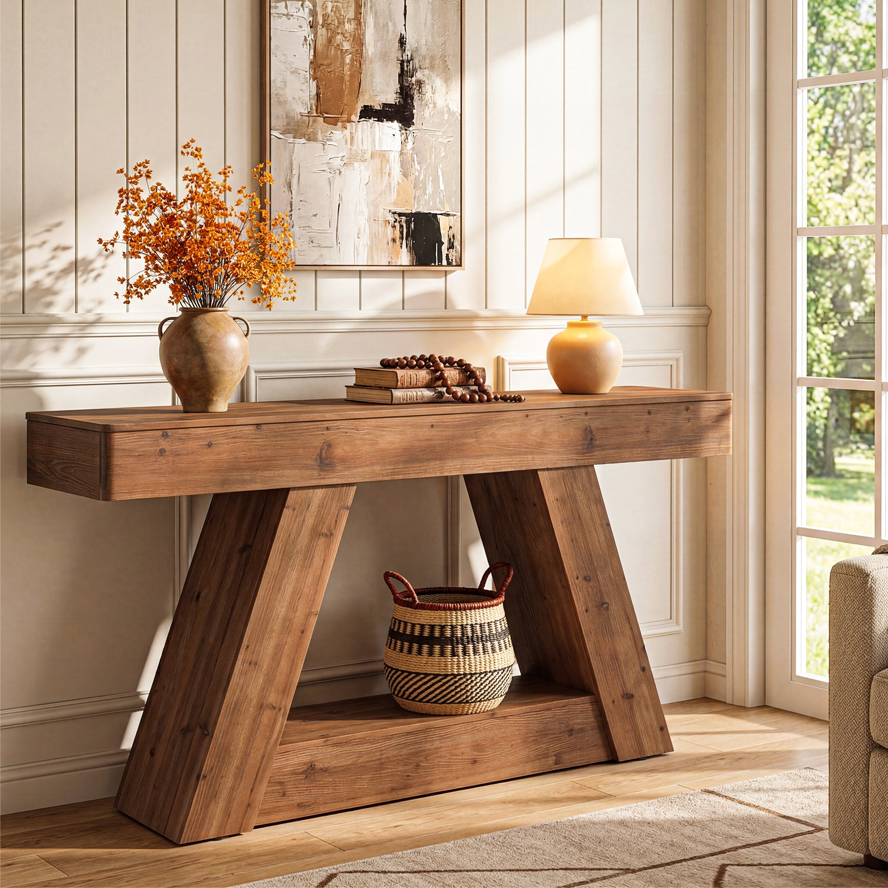 63-Inch Solid Wood Console Table with 2-Tier Storage, Farmhouse Sofa Table for Hallway