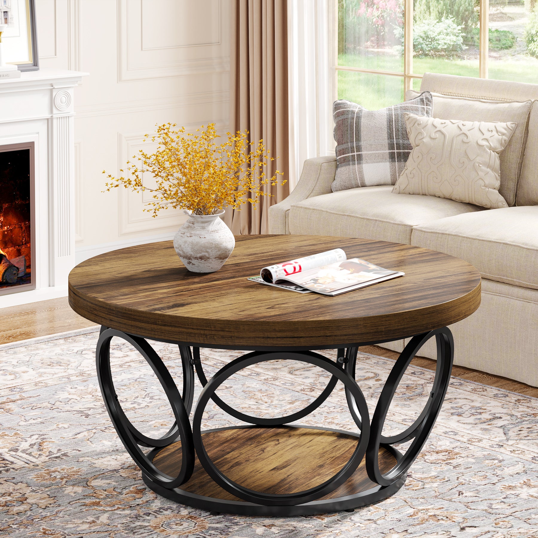 Tribesigns Coffee Table, Round Center Table with 2 Storage Shelves