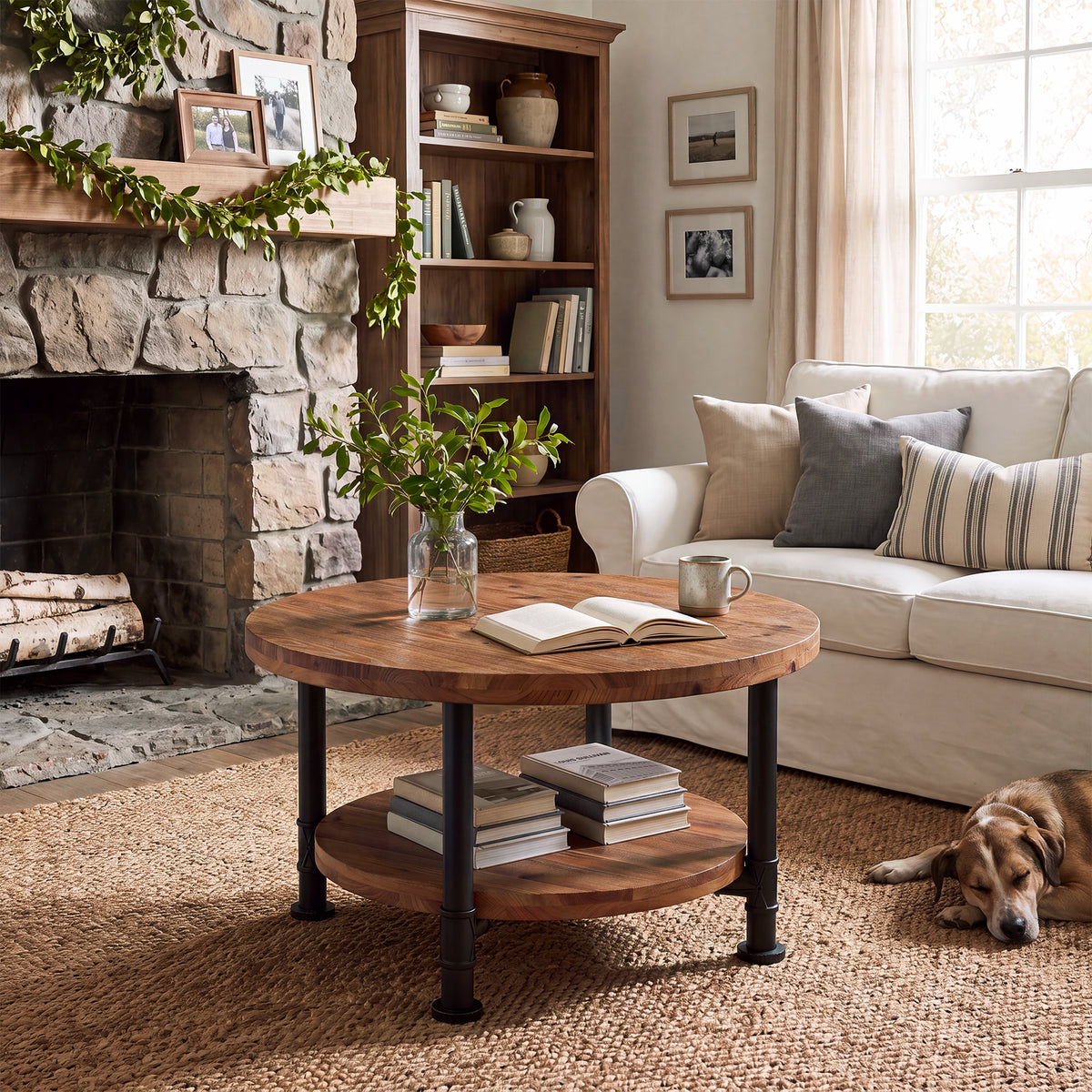 Tribesigns 31.5" Solid Wood Round Coffee Table with Storage Shelf, Industrial Table for Living Room