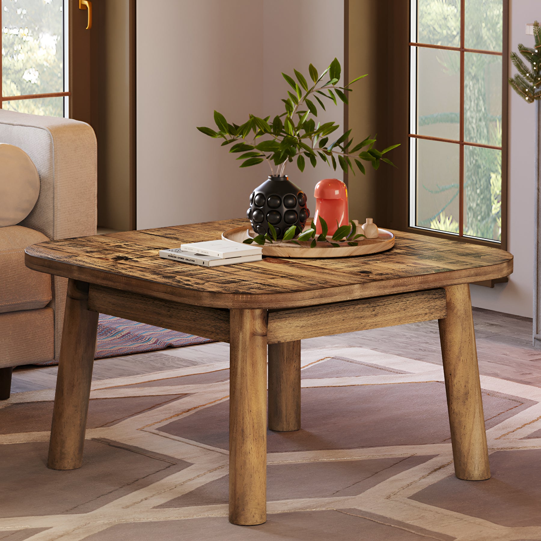 31.5" Solid Wood Square Coffee Table, Corner Farmhouse Center Table for Living Room