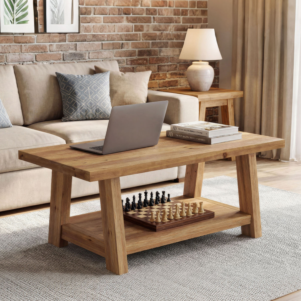 Tribesigns 47.2-Inch Solid Wood Coffee Table, 2-Tier Storage Shelf Rectangle Center Table for Living Room