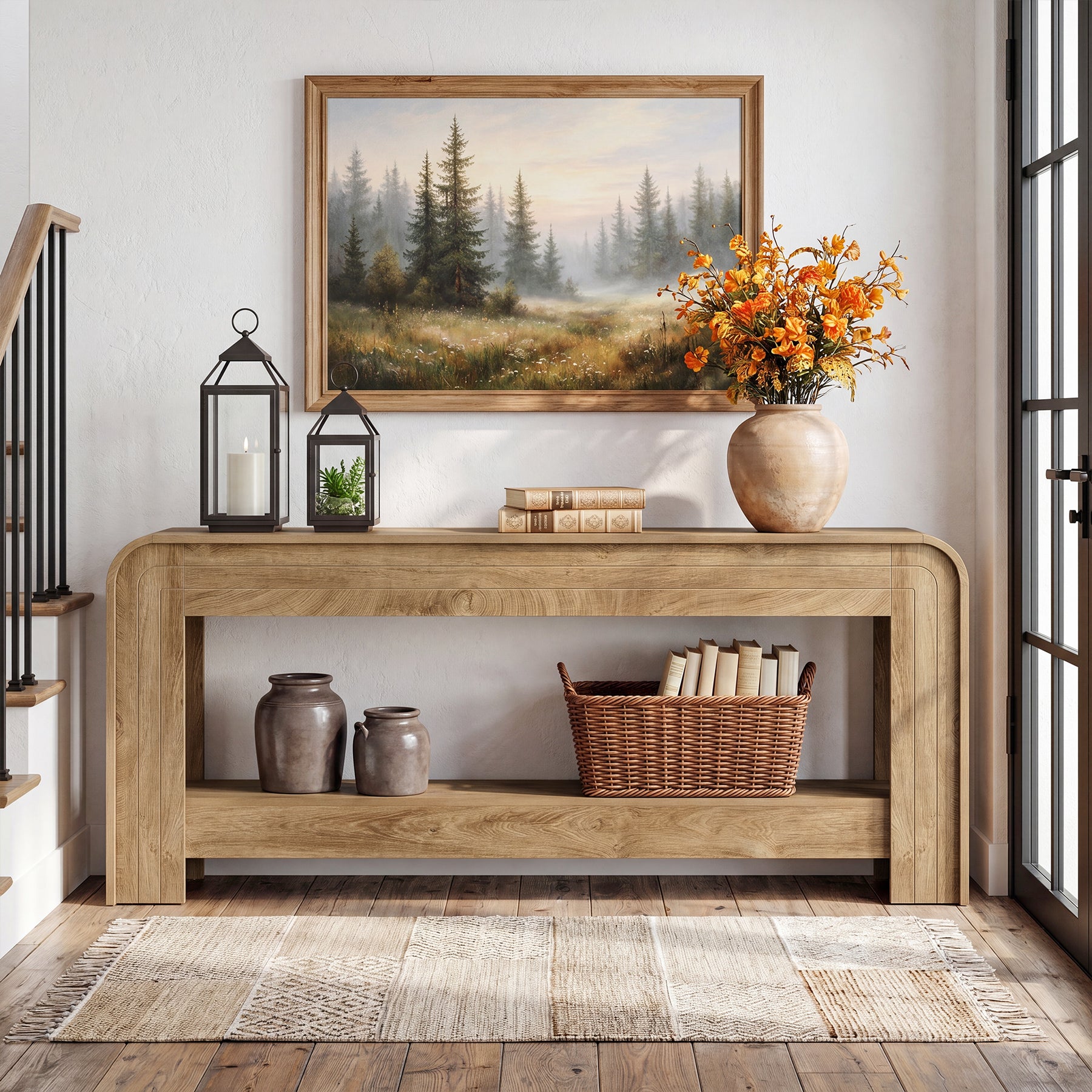 78.74 Inch Farmhouse Console Table with Open Storage Shelf and Curved Edges, Slim Entryway Sofa Table for Hallway