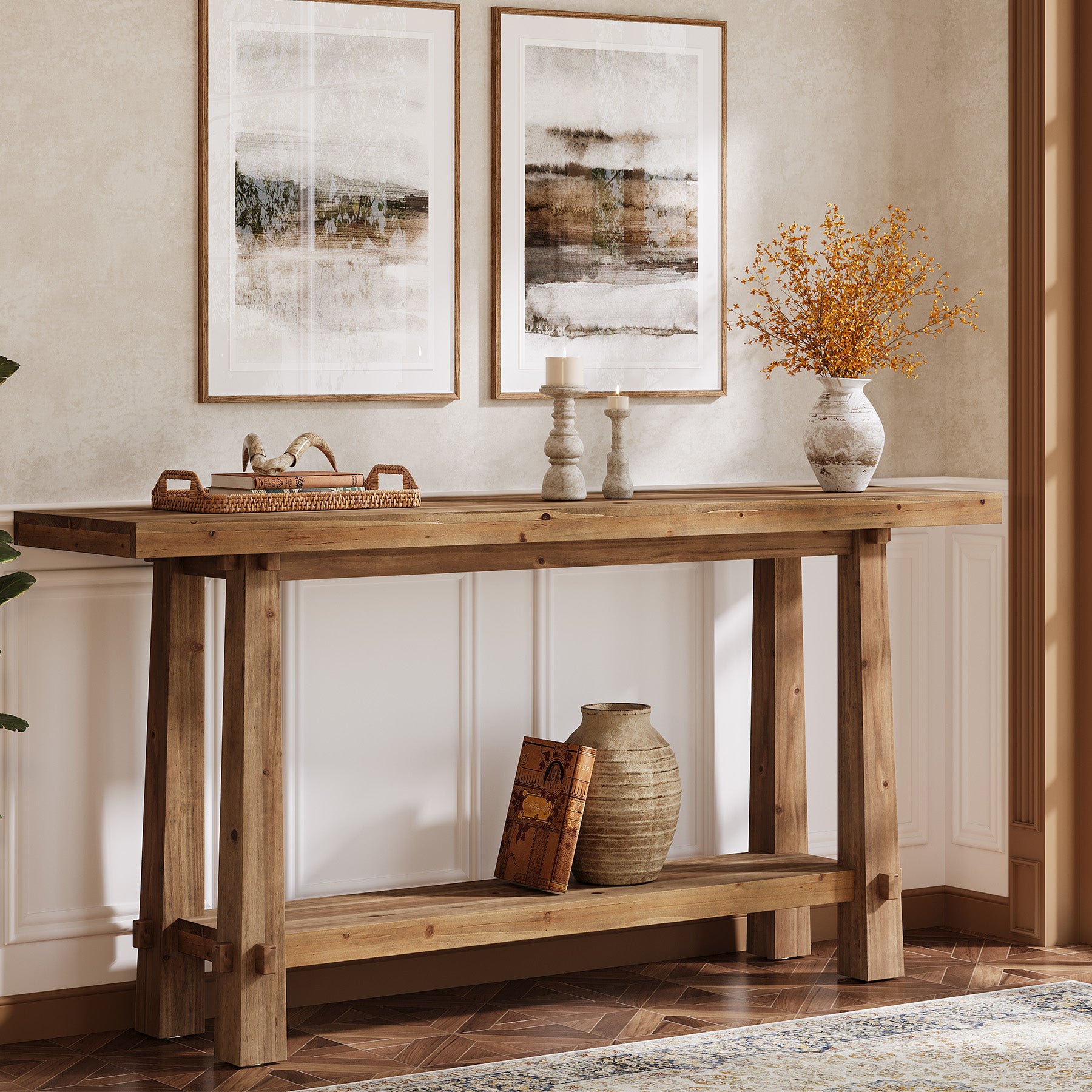 Tribesigns 63" Console Table, Farmhouse Solid Wood Entryway Sofa Table with 2-Tier Storage