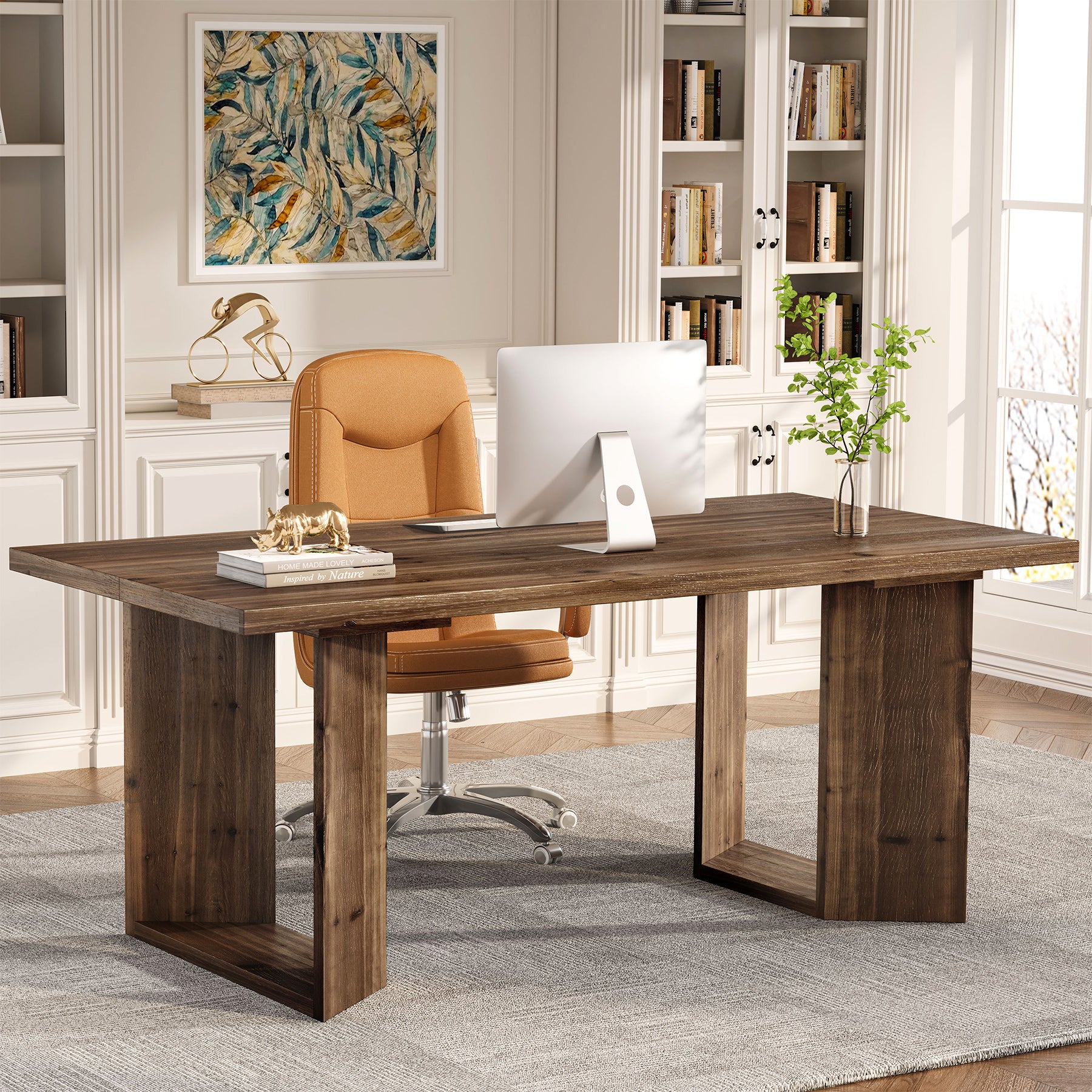 Tribesigns 63-Inch Solid Wood Executive Desk, Farmhouse Office Desk with U-Legs for Home Office